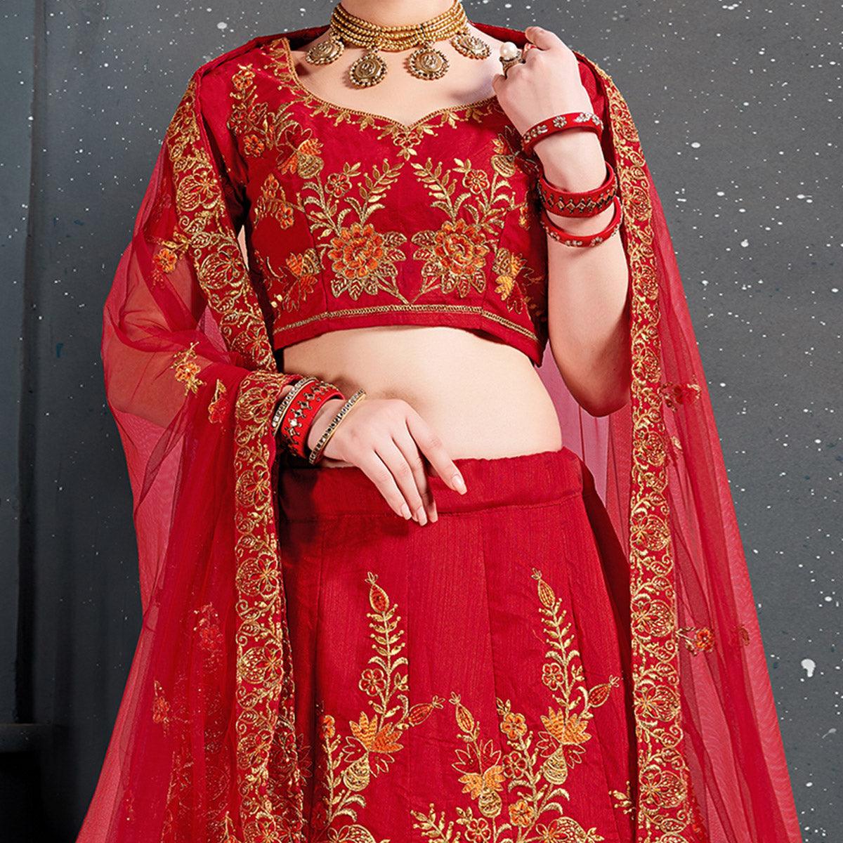 Demanding Red Colored Wedding Wear Embroidered Silk Lehenga Choli - Peachmode