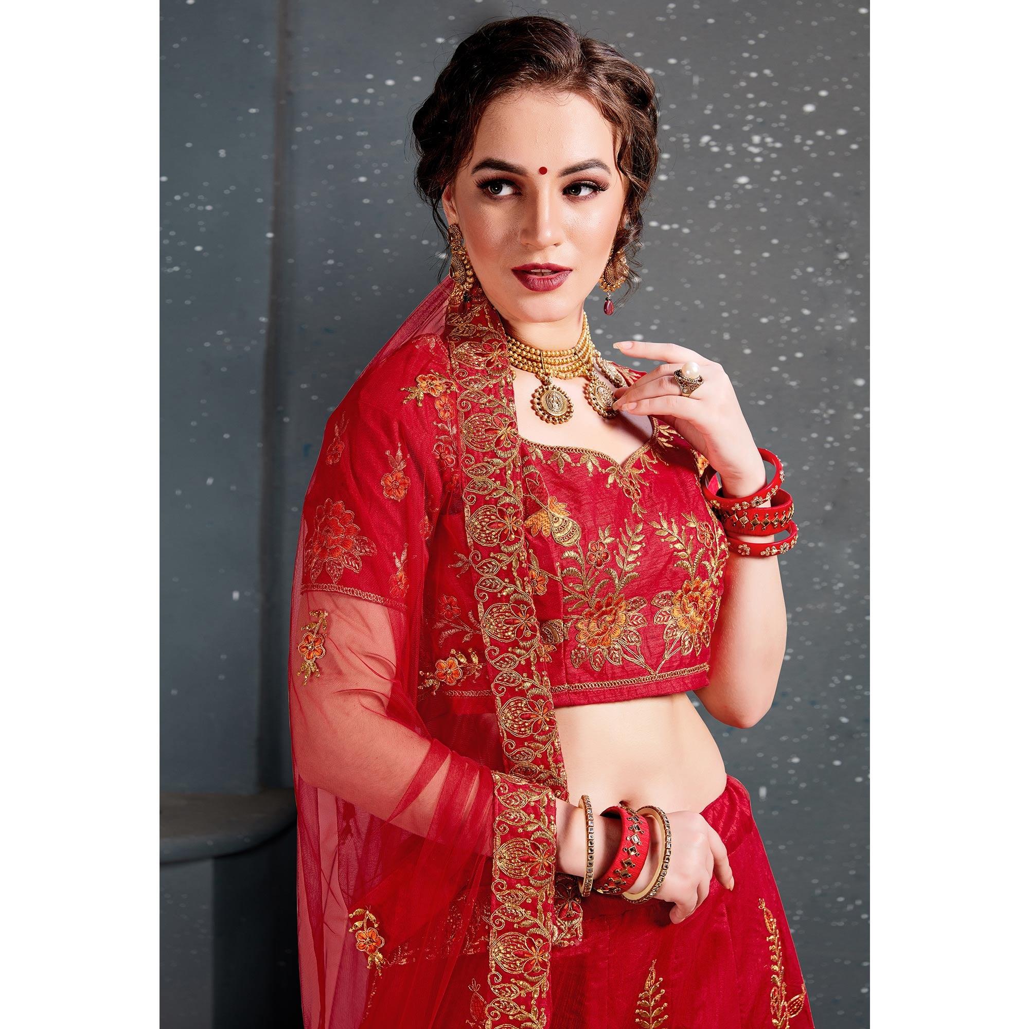 Demanding Red Colored Wedding Wear Embroidered Silk Lehenga Choli - Peachmode