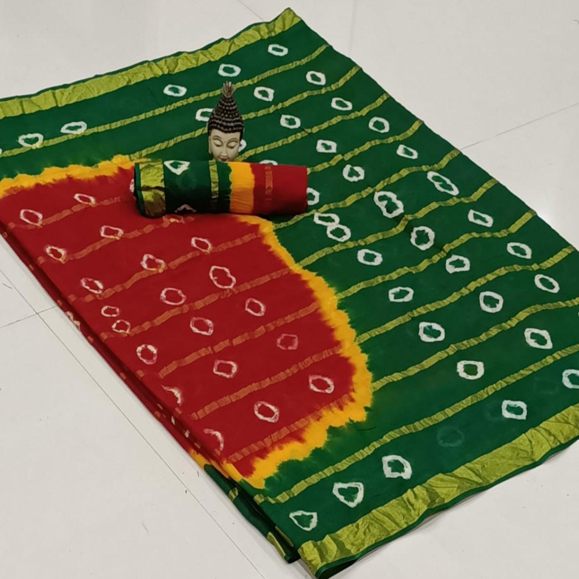 Demanding Red-Green Colored Casual Wear Bandhani Print Cotton Saree - Peachmode