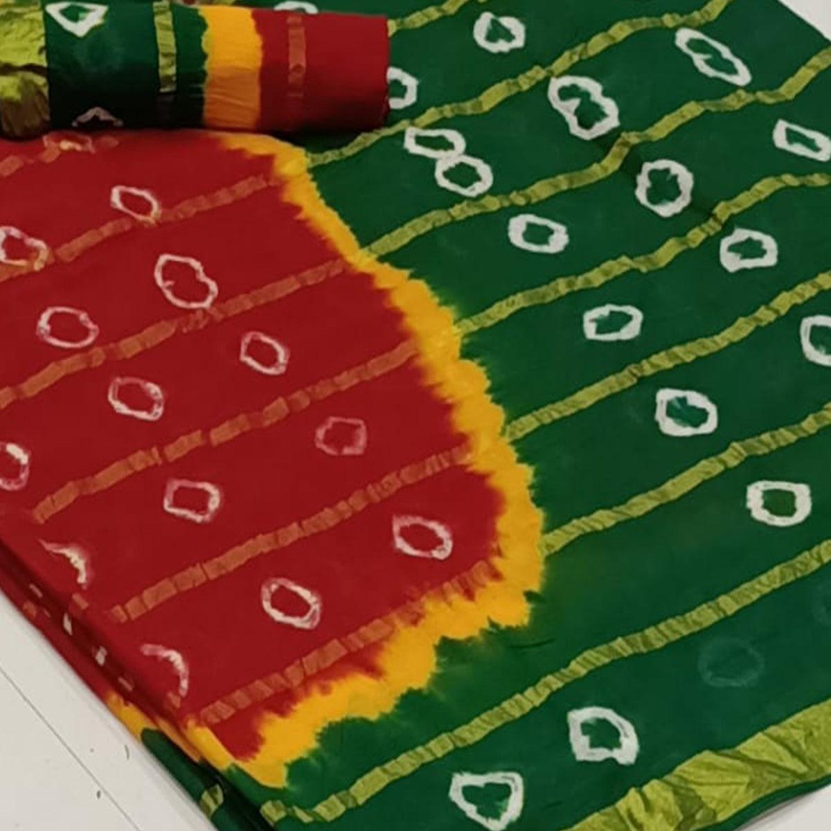 Demanding Red-Green Colored Casual Wear Bandhani Print Cotton Saree - Peachmode