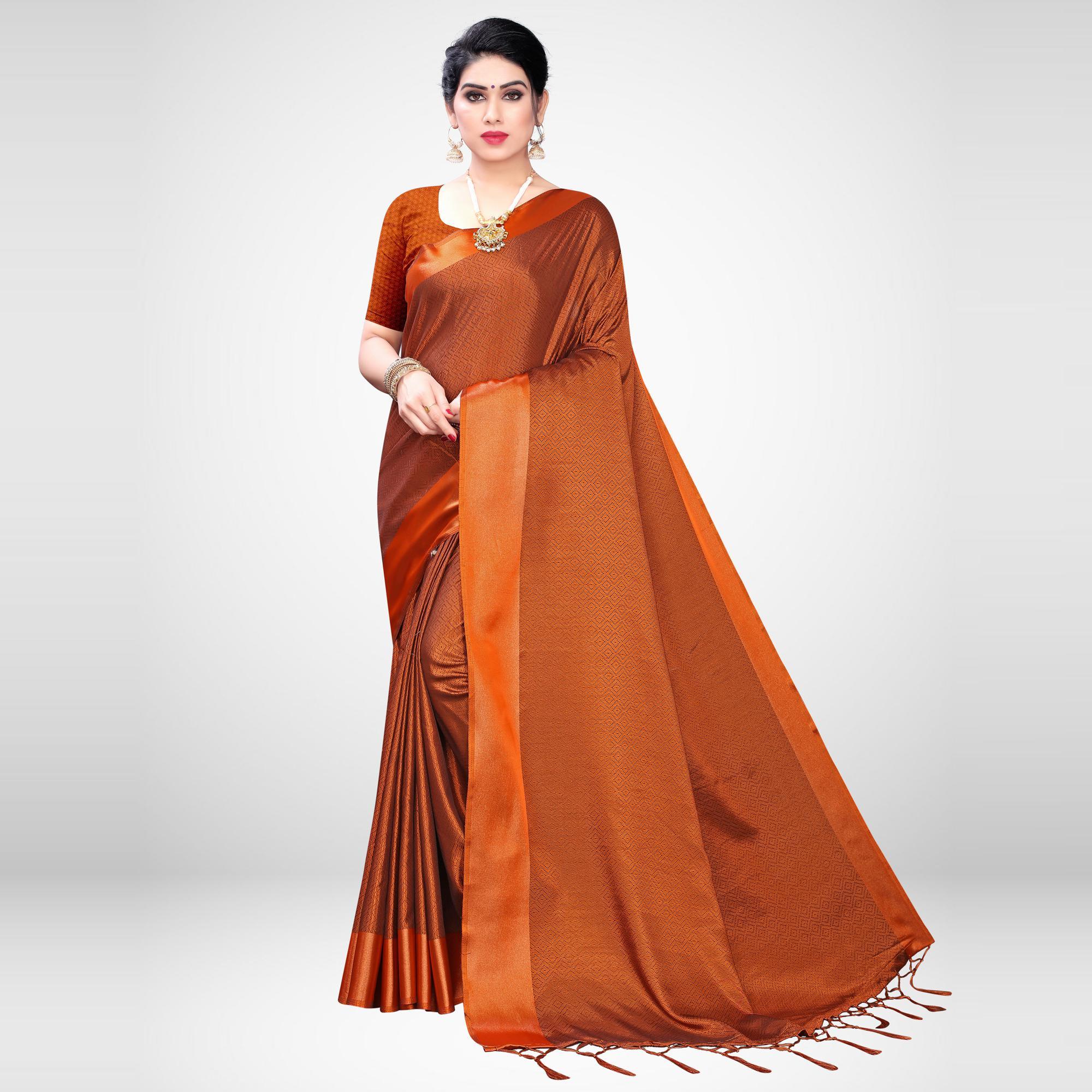 Demanding Rust Colored Festive Wear Woven Satin Saree - Peachmode