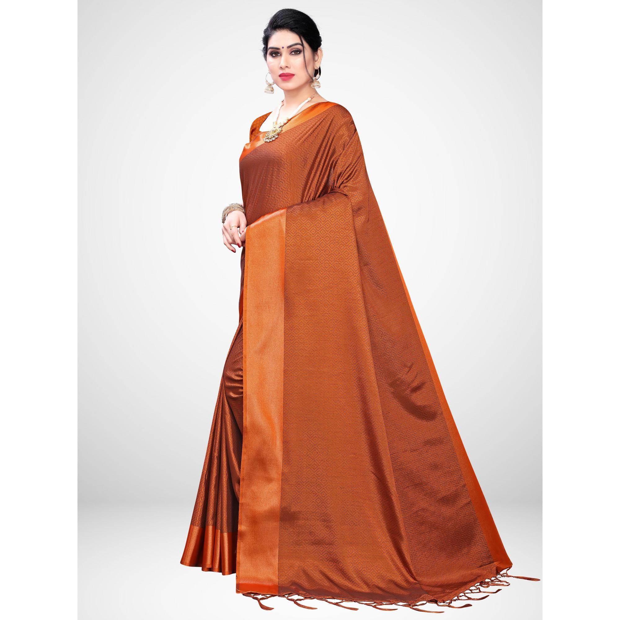 Demanding Rust Colored Festive Wear Woven Satin Saree - Peachmode