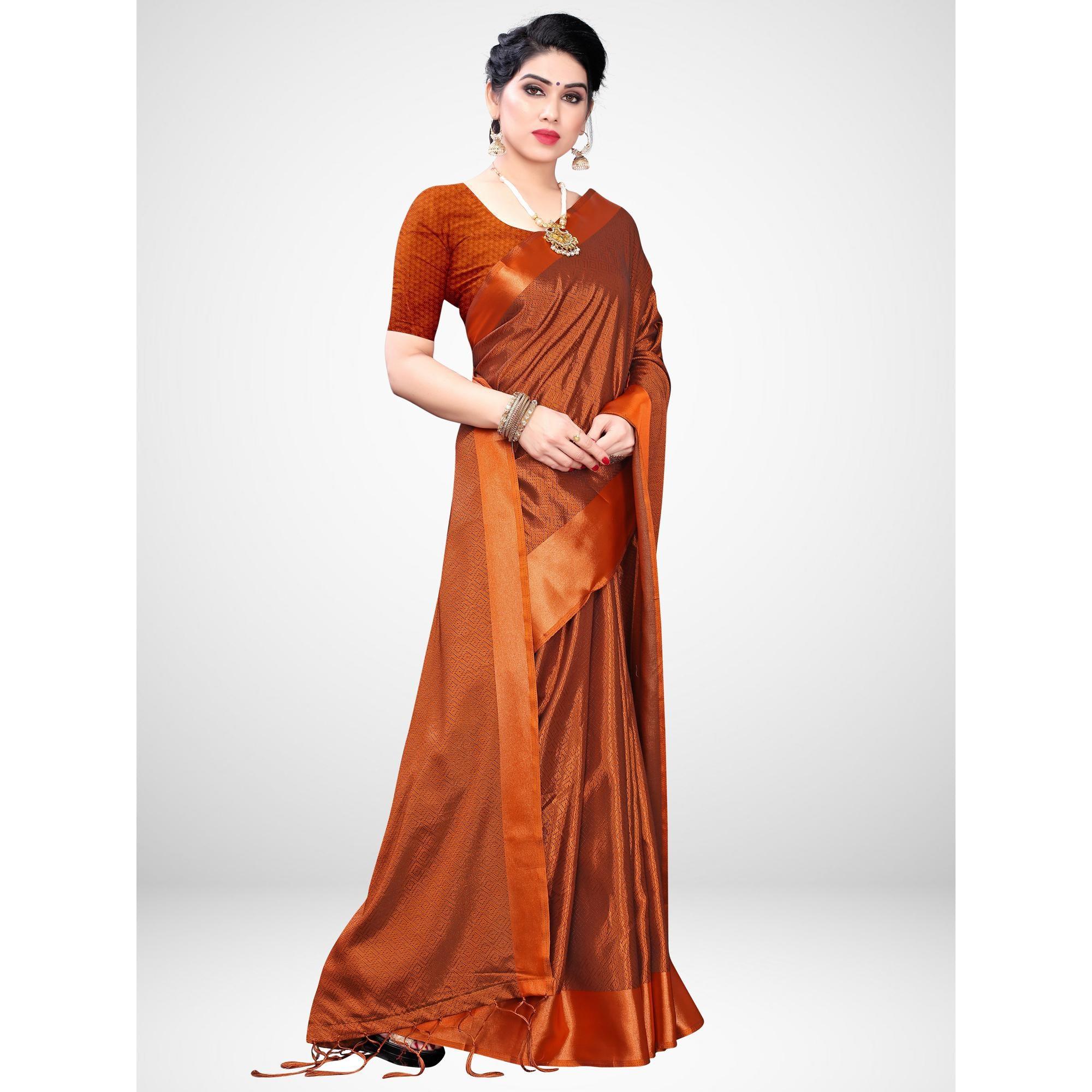 Demanding Rust Colored Festive Wear Woven Satin Saree - Peachmode