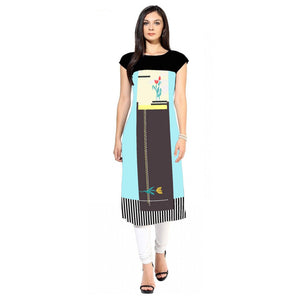 Demanding Sky Blue-Multi Colored Casual Printed Crepe Kurti - Peachmode