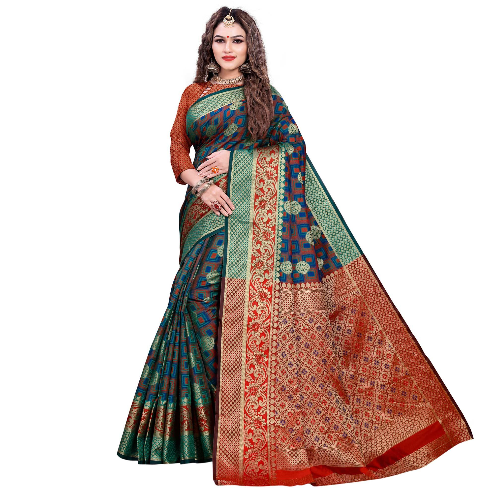 Demanding Turquoise Green-Green Colored Festive Wear Woven Cotton Silk Jacquard Saree - Peachmode