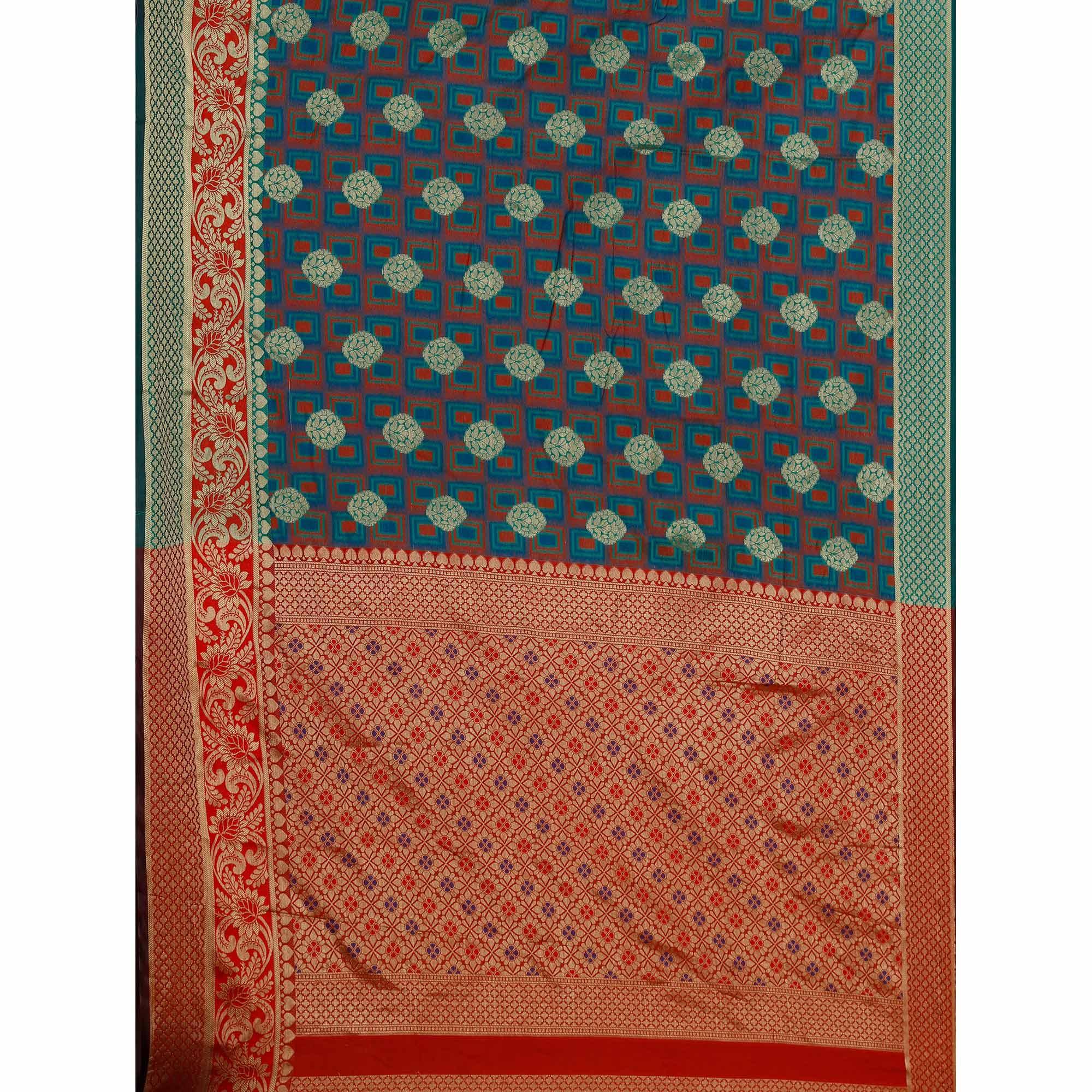 Demanding Turquoise Green-Green Colored Festive Wear Woven Cotton Silk Jacquard Saree - Peachmode