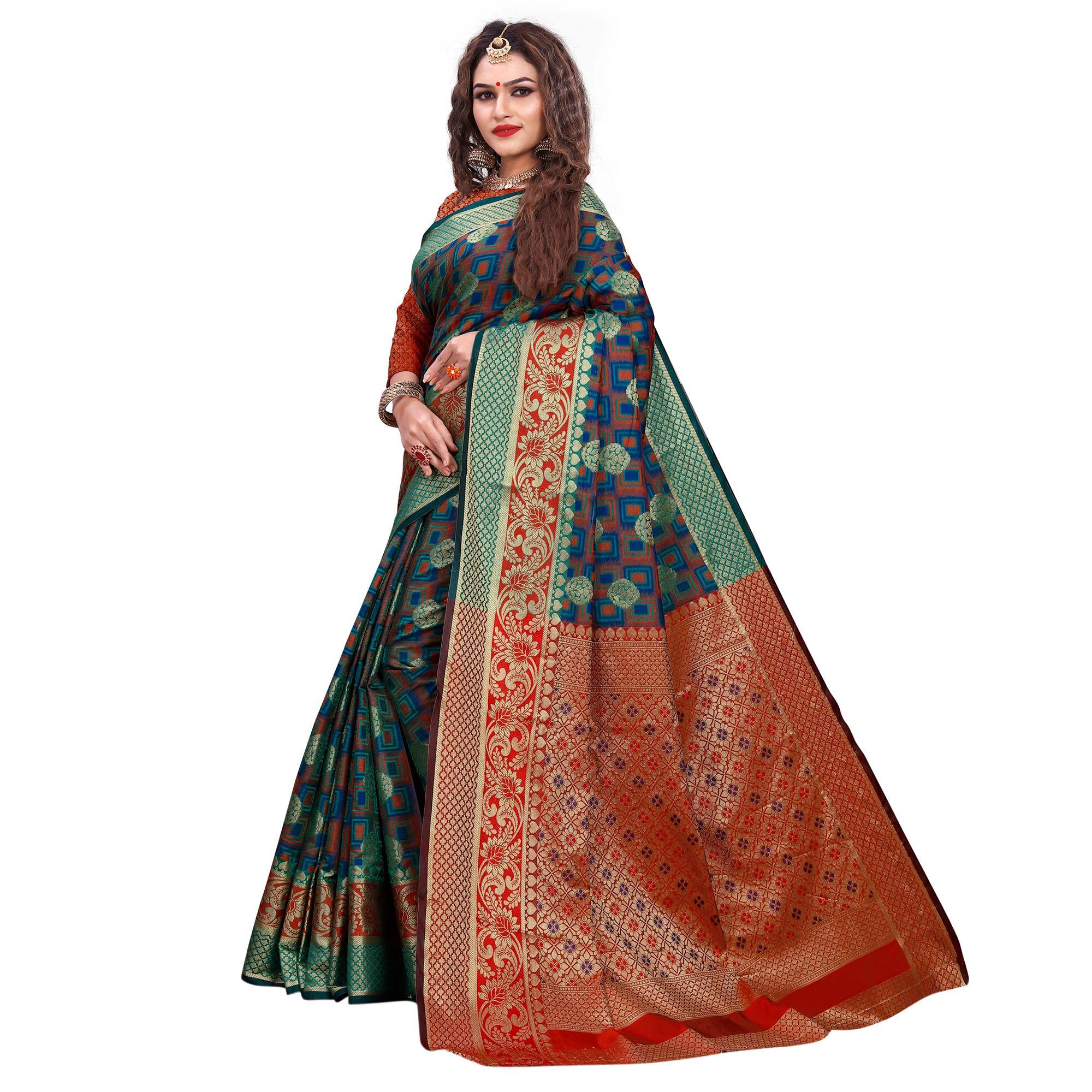 Demanding Turquoise Green-Green Colored Festive Wear Woven Cotton Silk Jacquard Saree - Peachmode
