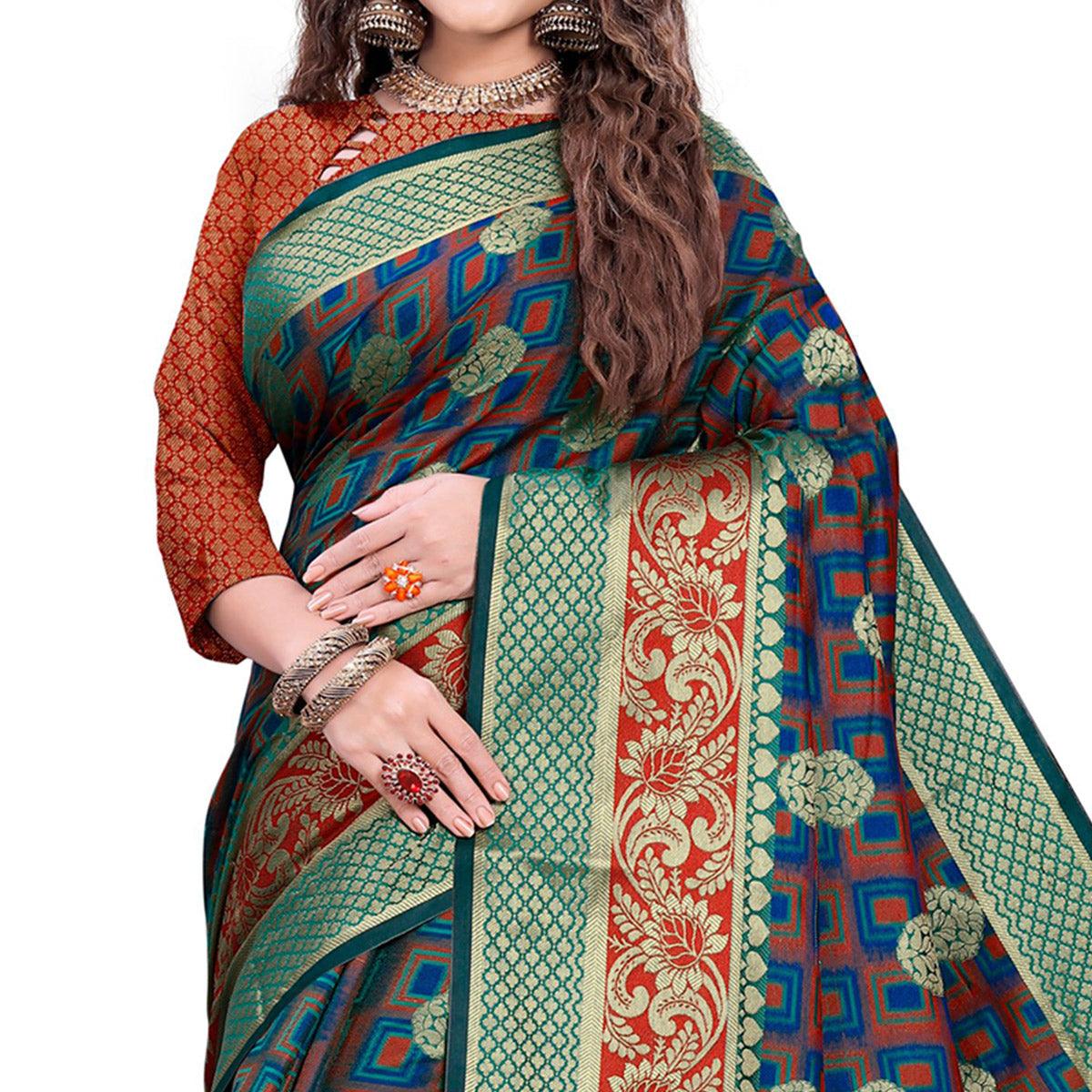 Demanding Turquoise Green-Green Colored Festive Wear Woven Cotton Silk Jacquard Saree - Peachmode