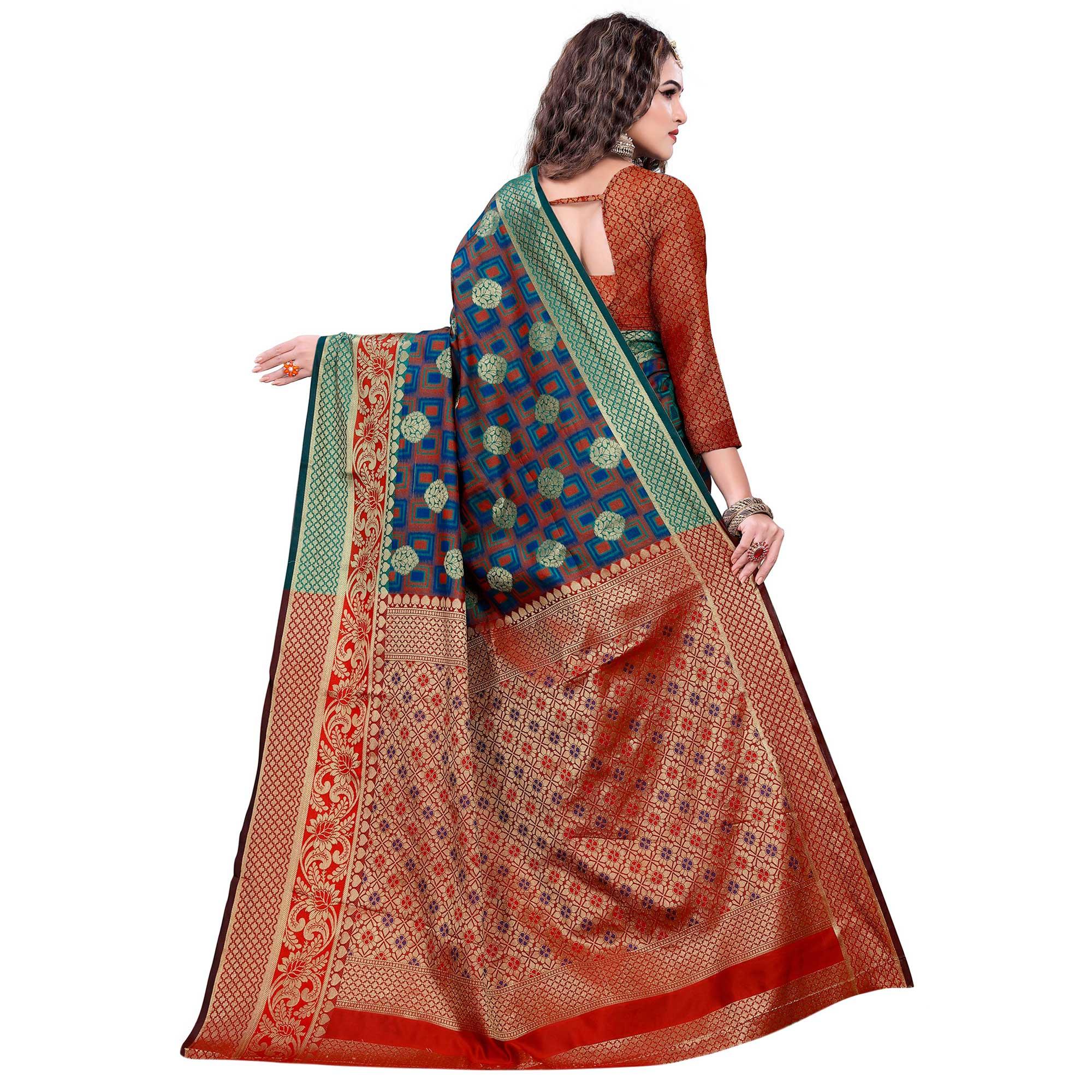 Demanding Turquoise Green-Green Colored Festive Wear Woven Cotton Silk Jacquard Saree - Peachmode