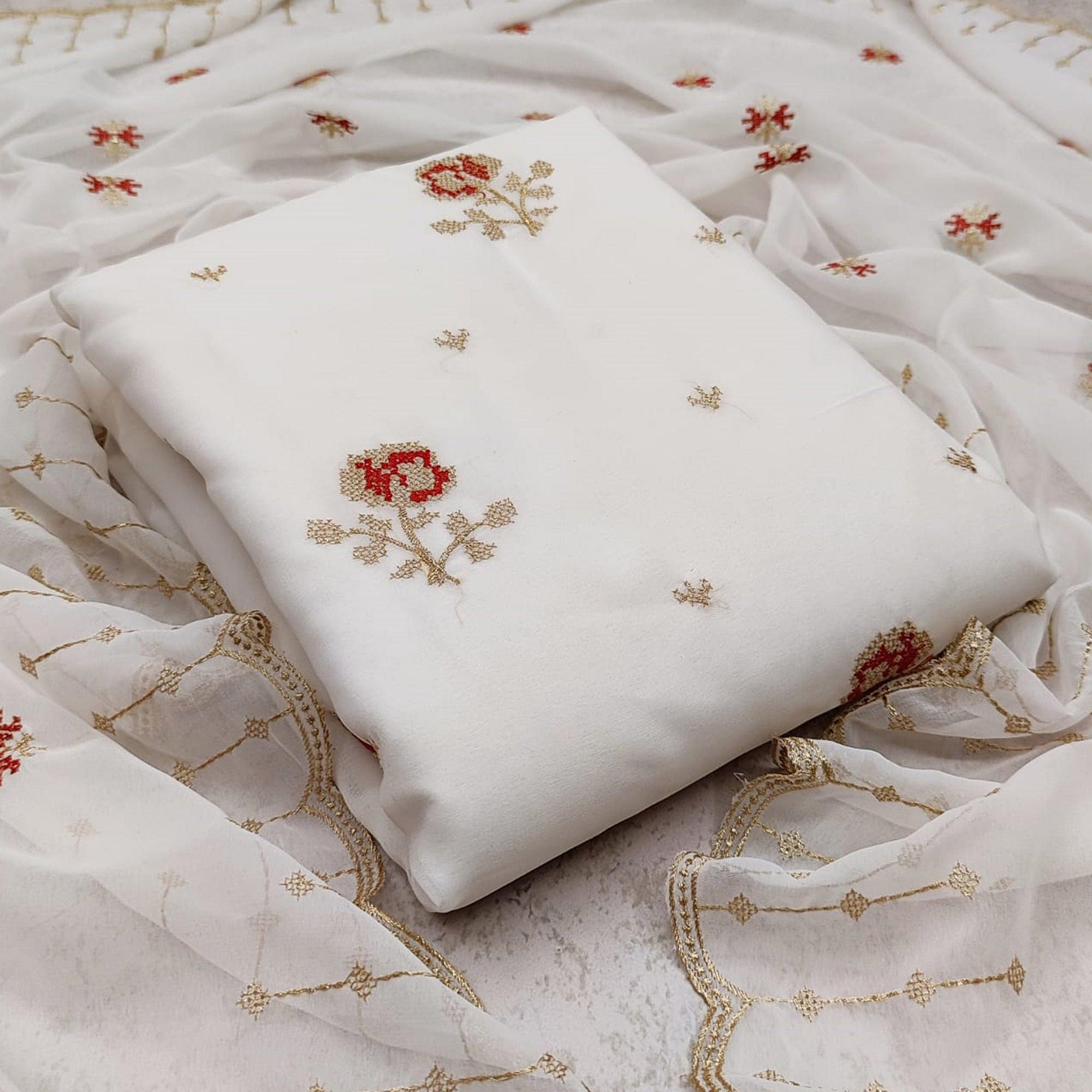Demanding White Colored Casual Wear Embroidered Georgette Dress Material - Peachmode