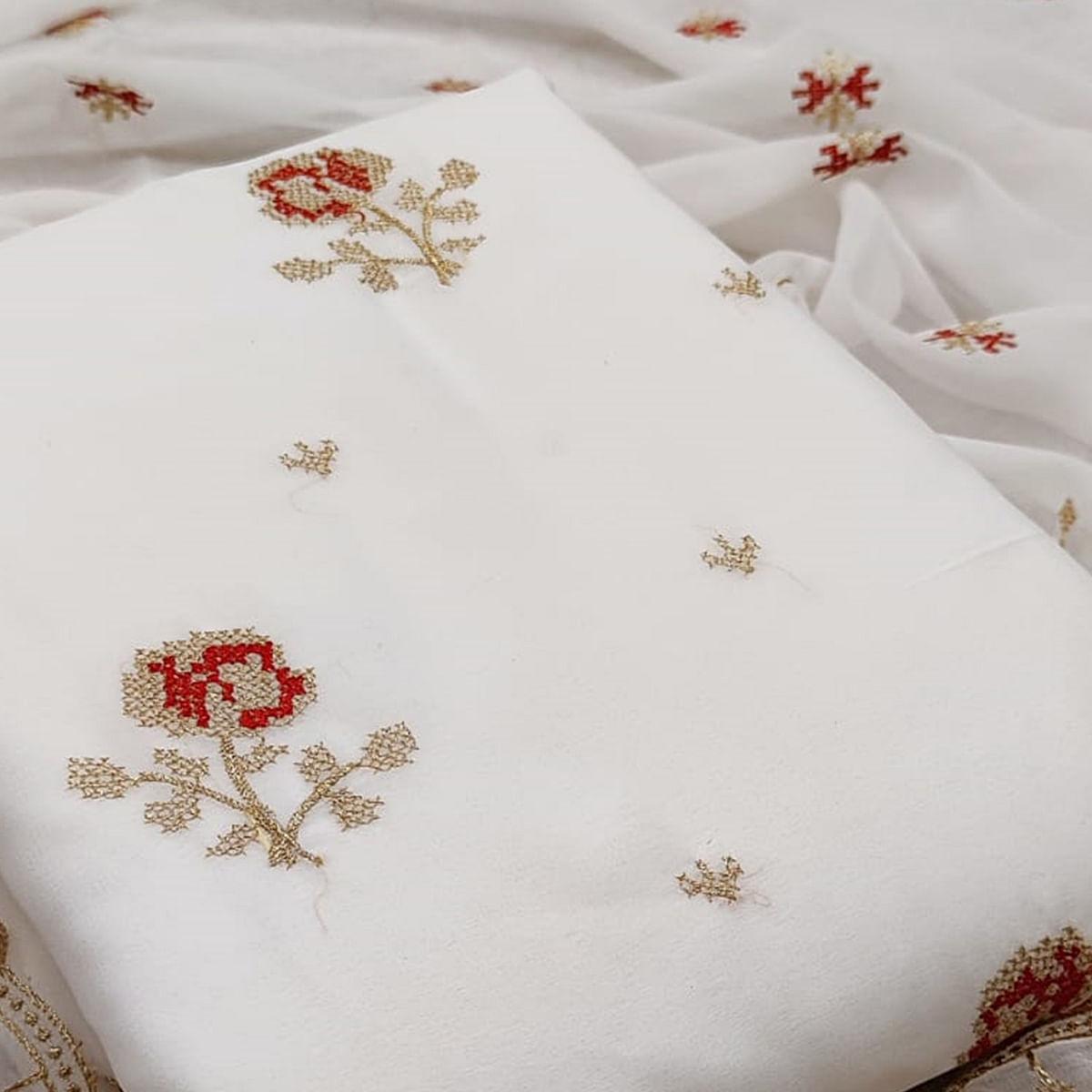 Demanding White Colored Casual Wear Embroidered Georgette Dress Material - Peachmode