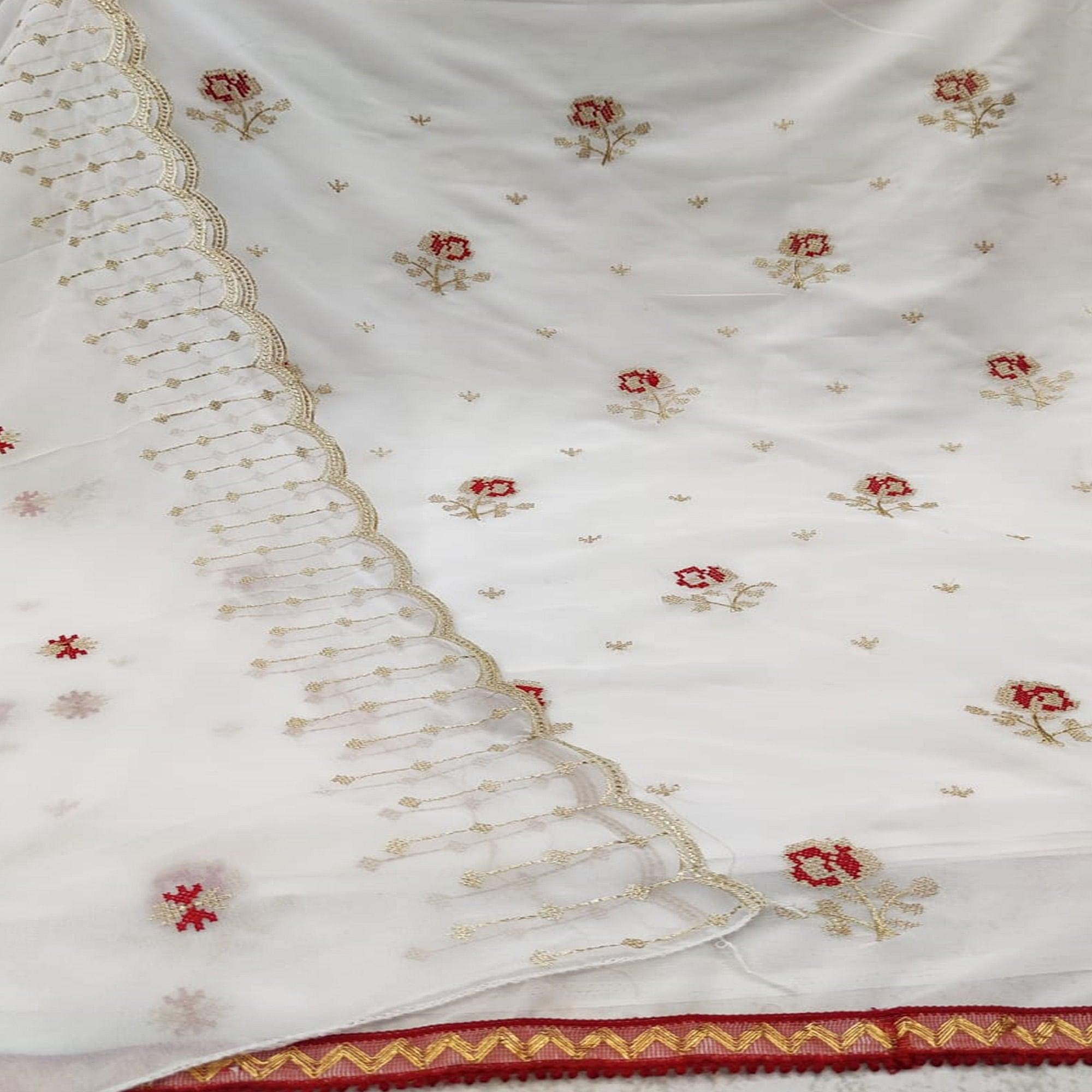 Demanding White Colored Casual Wear Embroidered Georgette Dress Material - Peachmode