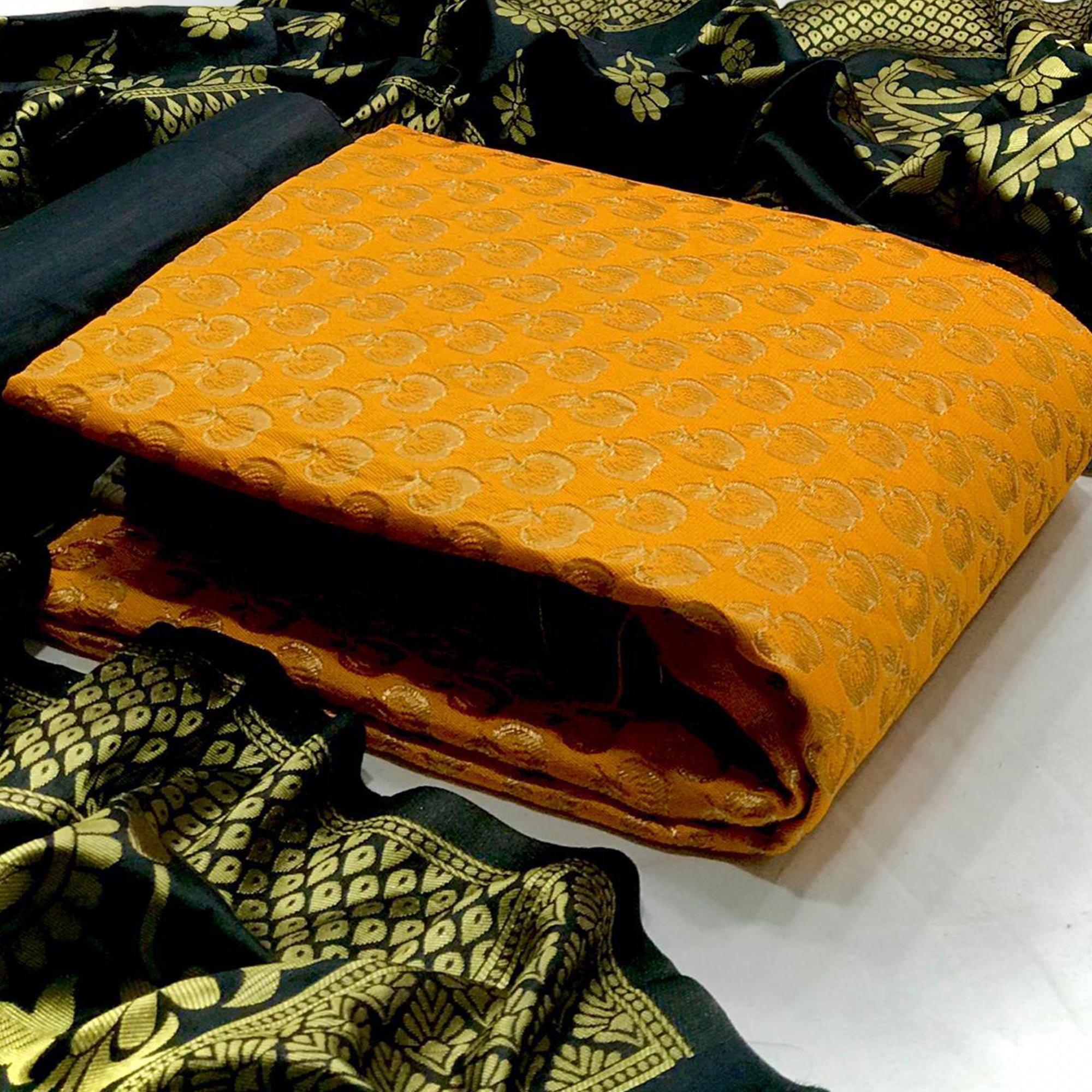 Demanding Yellow Colored Casual Wear Woven Banarasi Silk Dress Material - Peachmode