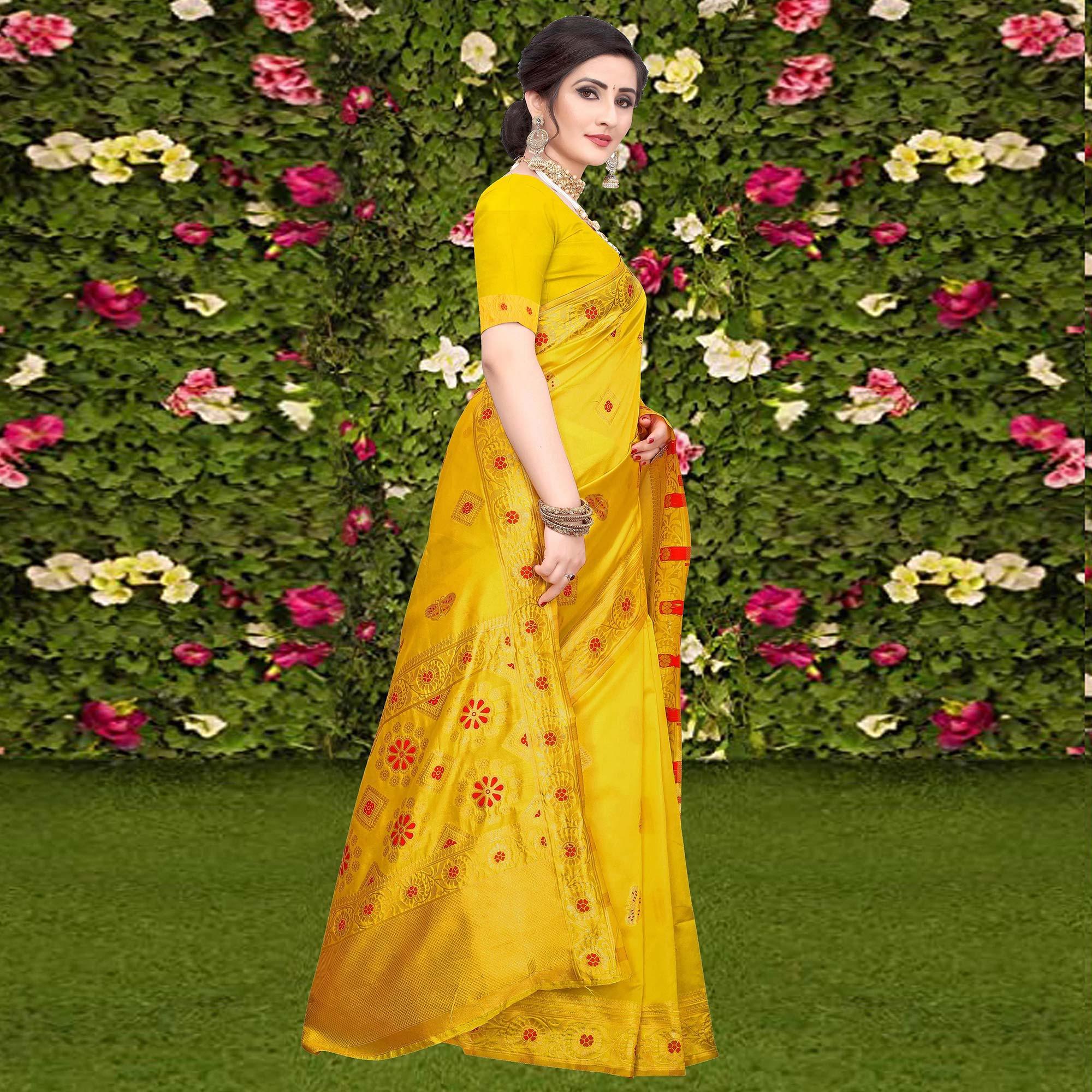 Demanding Yellow Colored Festive Wear Woven Banarasi Silk Saree - Peachmode