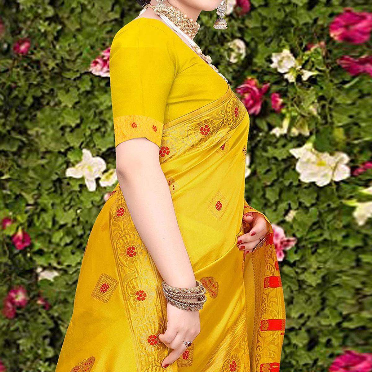 Demanding Yellow Colored Festive Wear Woven Banarasi Silk Saree - Peachmode