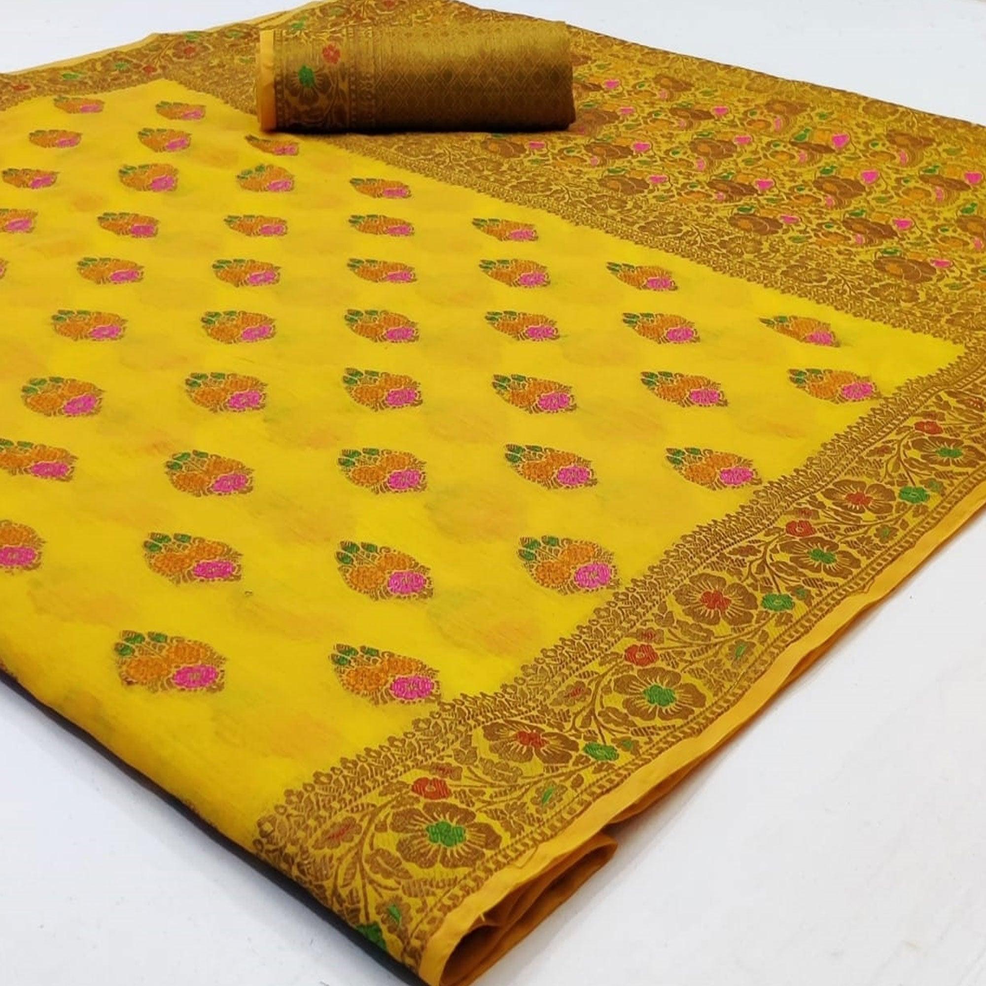 Demanding Yellow Colored Festive Wear Woven Cotton Saree - Peachmode