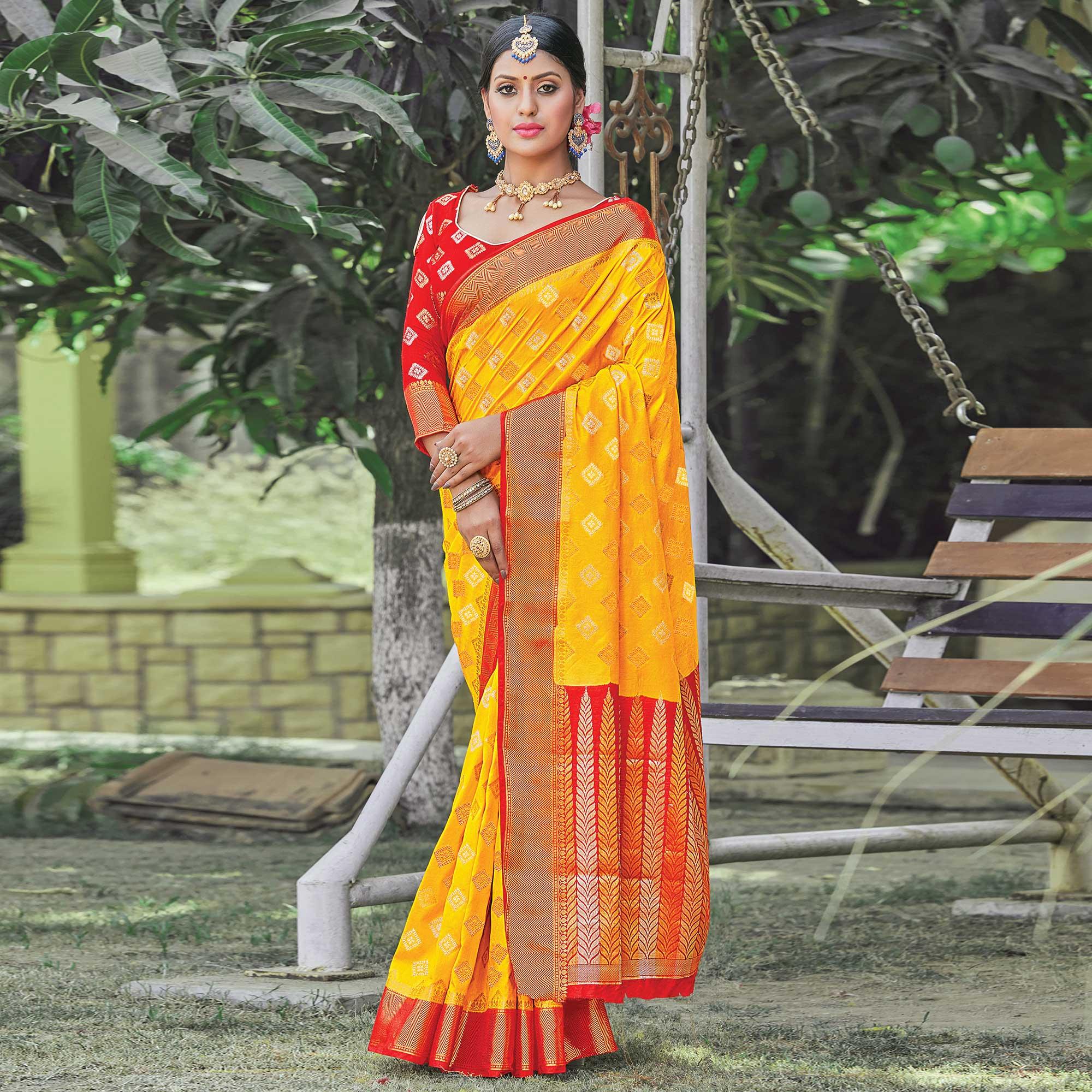 Demanding Yellow Colored Festive Wear Woven Silk Saree - Peachmode