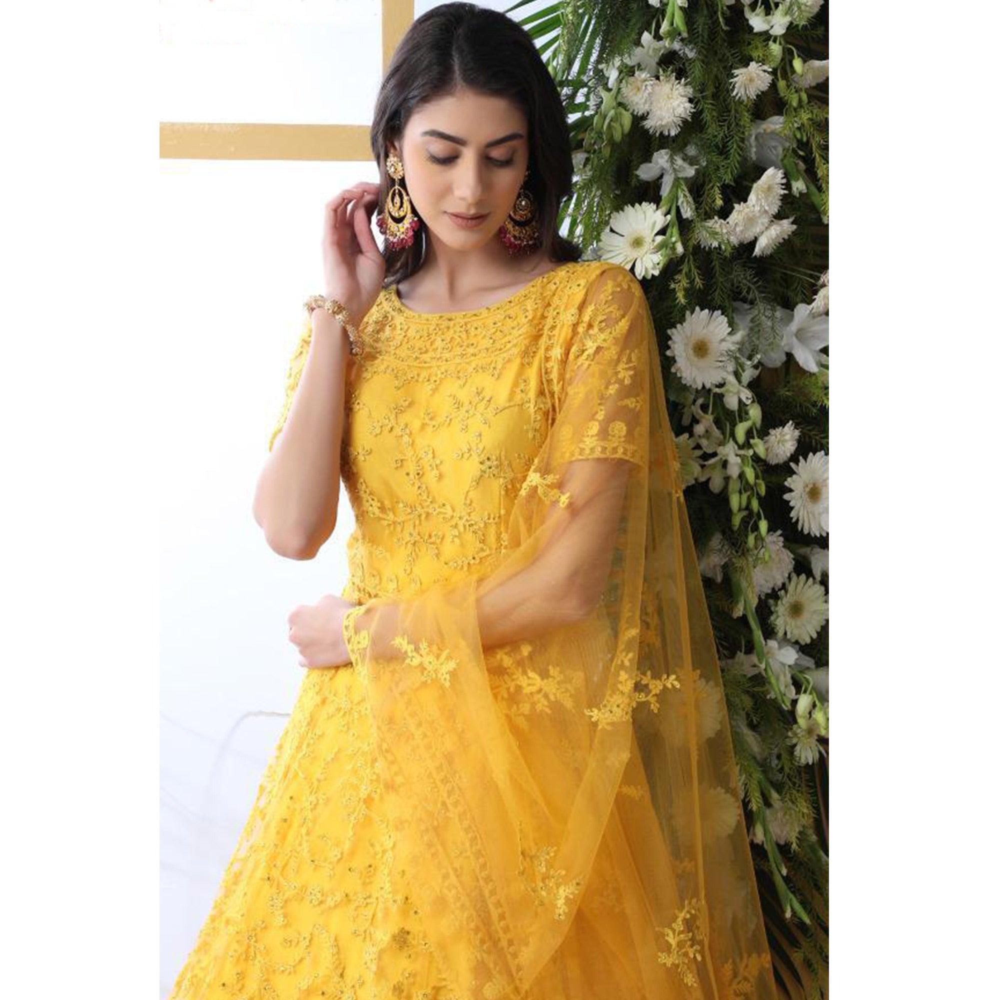 Demanding Yellow Colored Party Wear Embroidered Net Gown With Dupatta - Peachmode