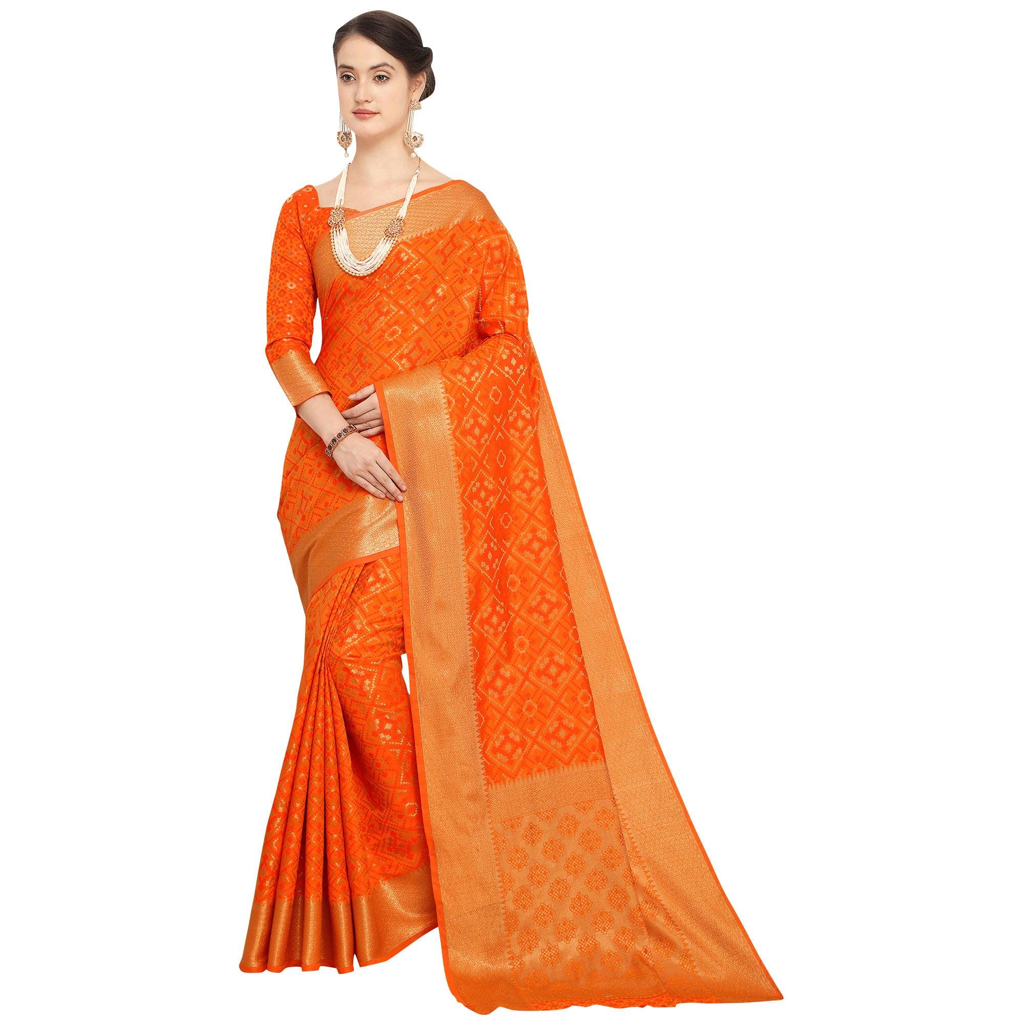 Deserving Orange Colored Festive Wear Woven Wear Silk Saree - Peachmode