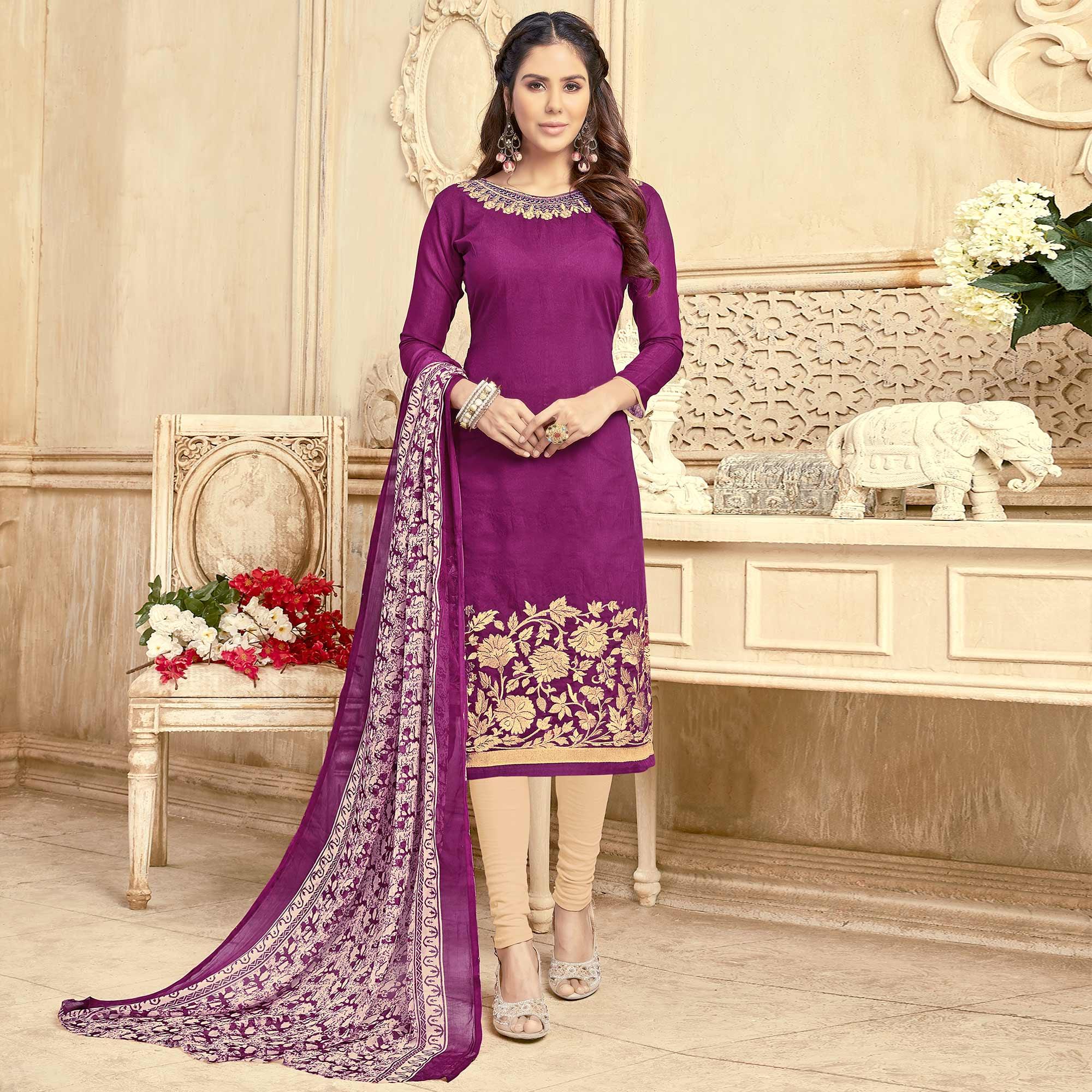 Deserving Purple Colored Partywear Embroidered Chanderi Suit - Peachmode