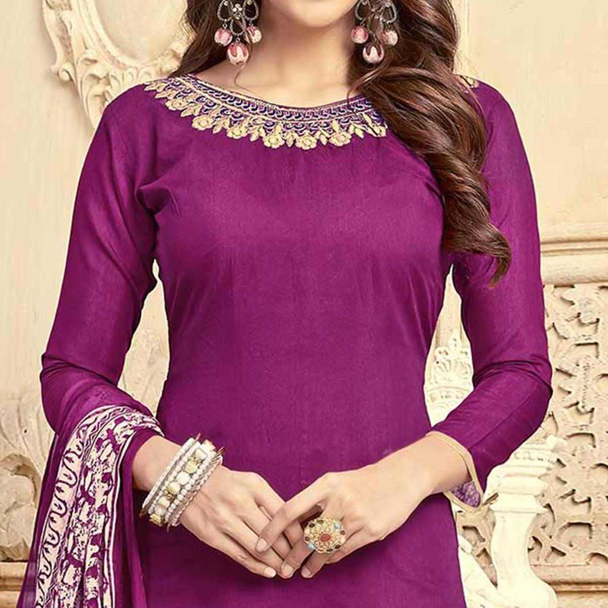 Deserving Purple Colored Partywear Embroidered Chanderi Suit - Peachmode