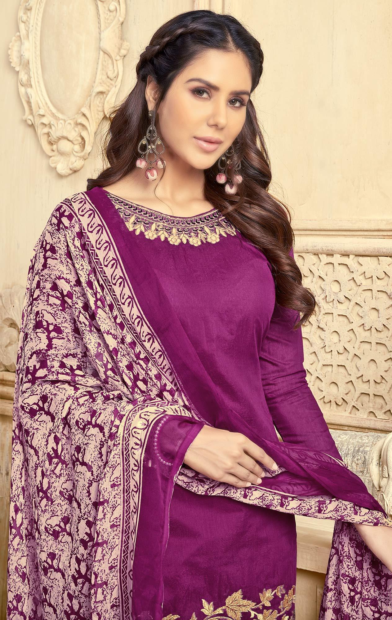 Deserving Purple Colored Partywear Embroidered Chanderi Suit - Peachmode