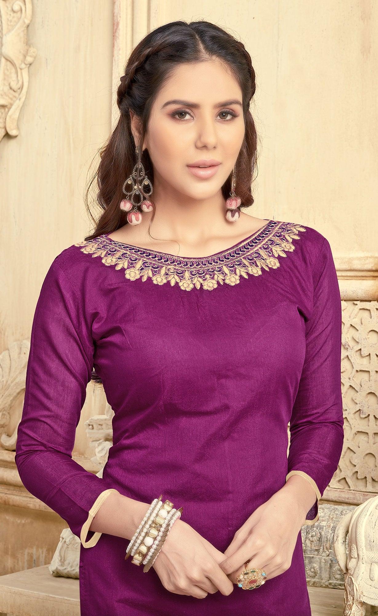 Deserving Purple Colored Partywear Embroidered Chanderi Suit - Peachmode