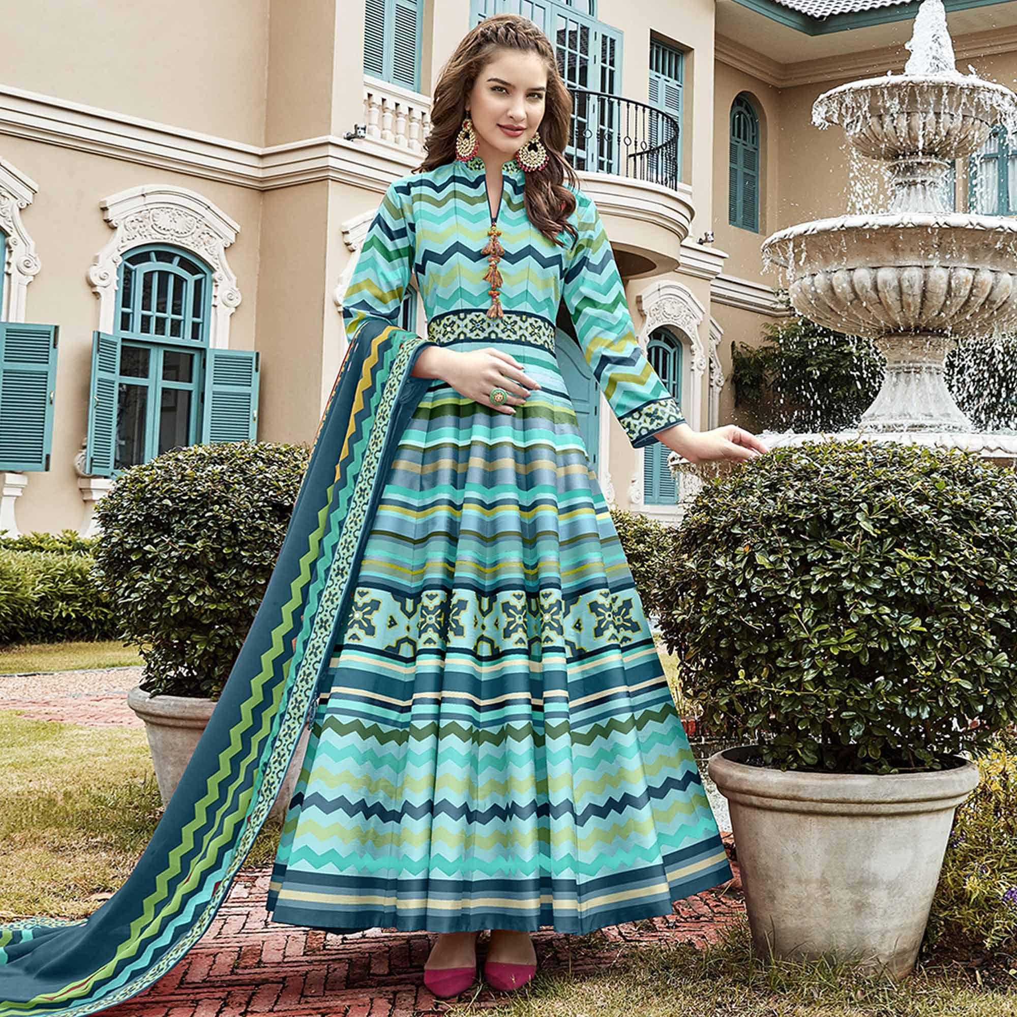 Designer Sky Blue Digital Patola Printed Heavy Pure Killer Silk Anarkali Suit - Peachmode