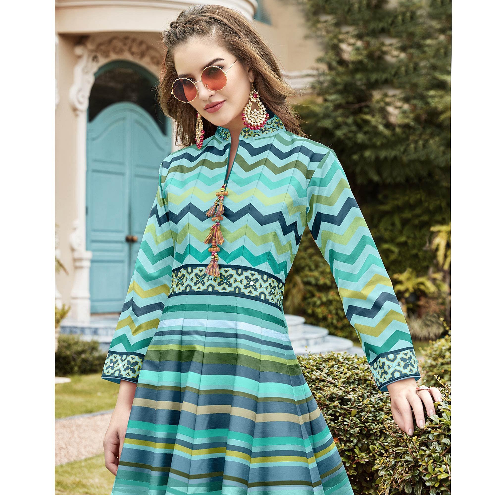 Designer Sky Blue Digital Patola Printed Heavy Pure Killer Silk Anarkali Suit - Peachmode
