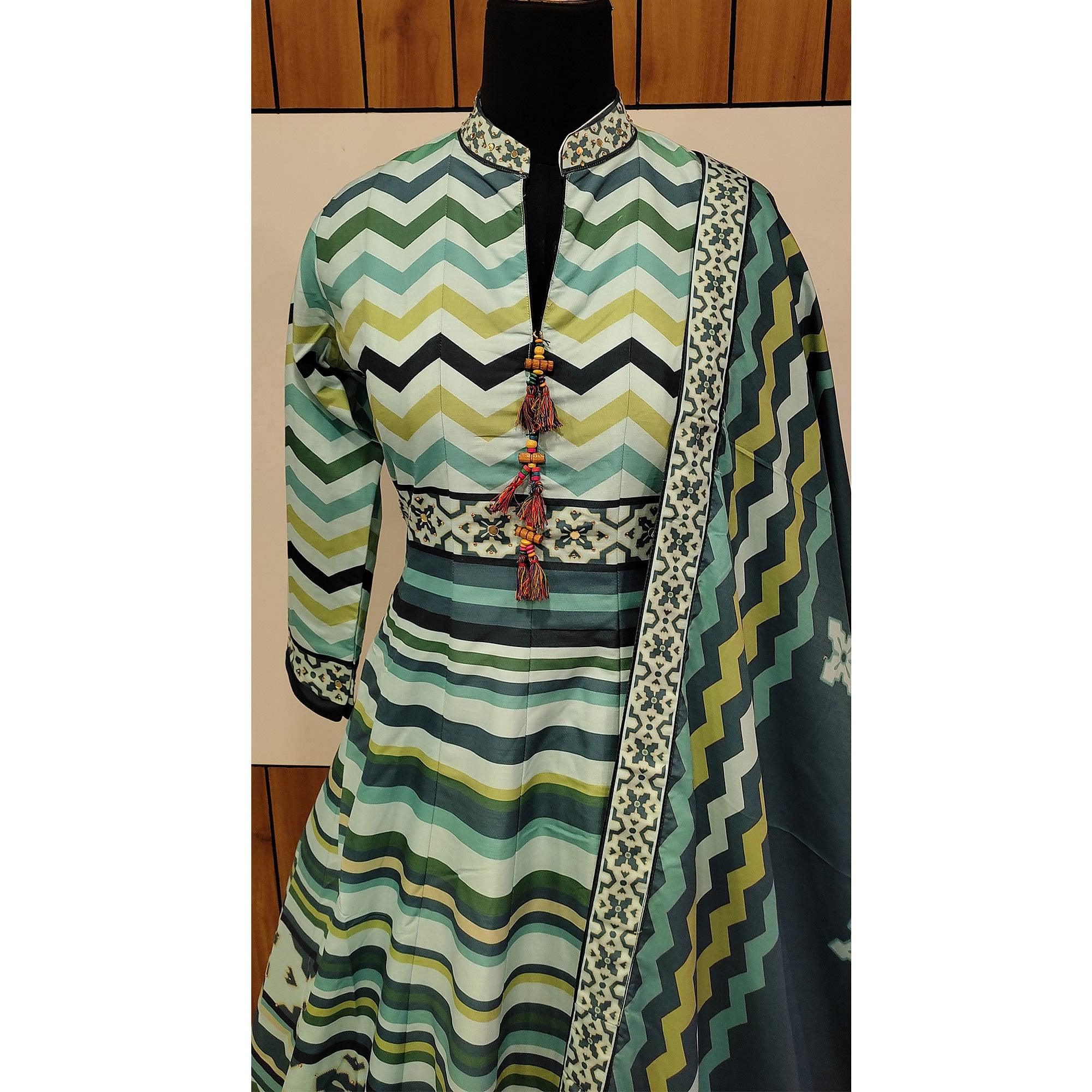 Designer Sky Blue Digital Patola Printed Heavy Pure Killer Silk Anarkali Suit - Peachmode