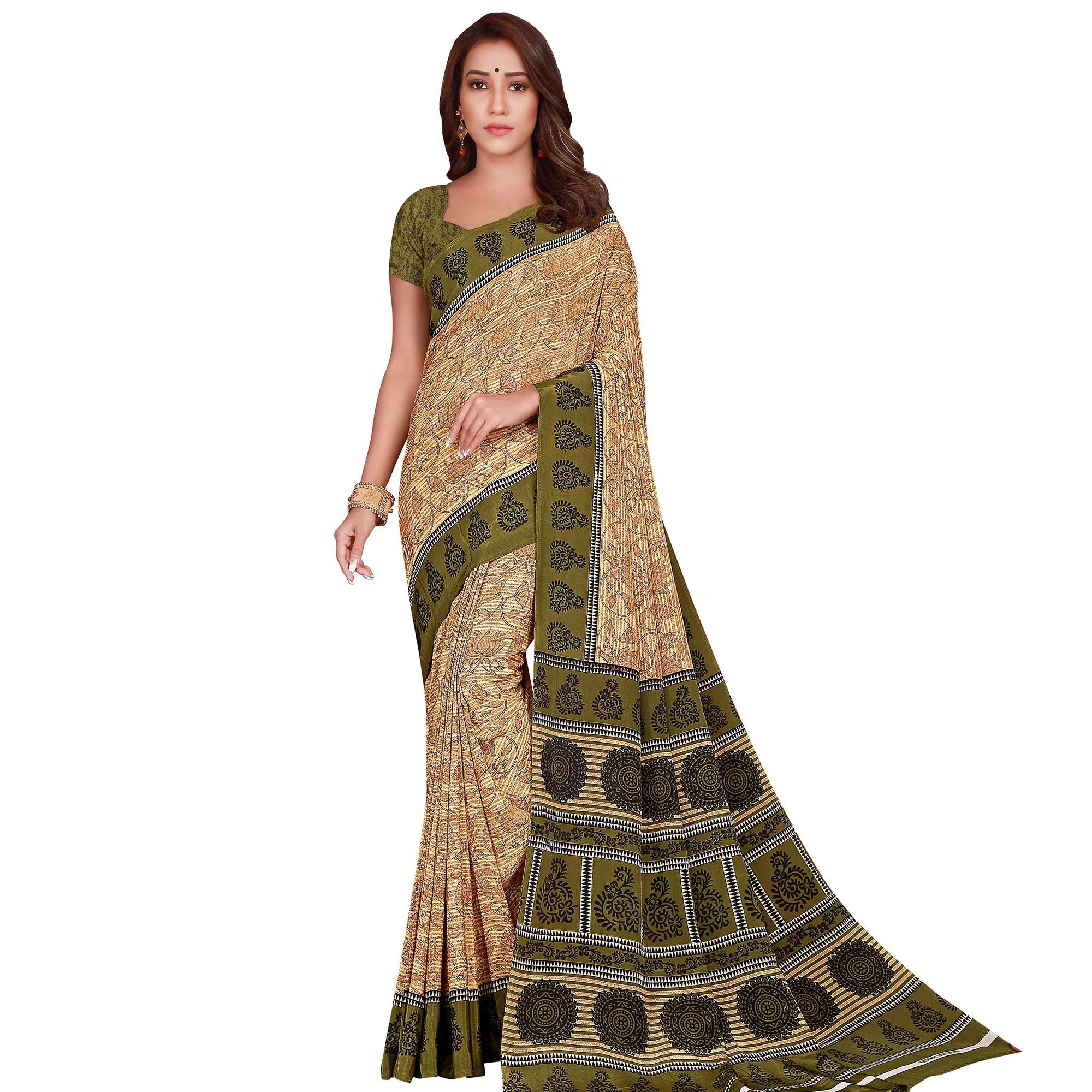 Desirable Beige Colored Casual Wear Printed Crepe Saree - Peachmode