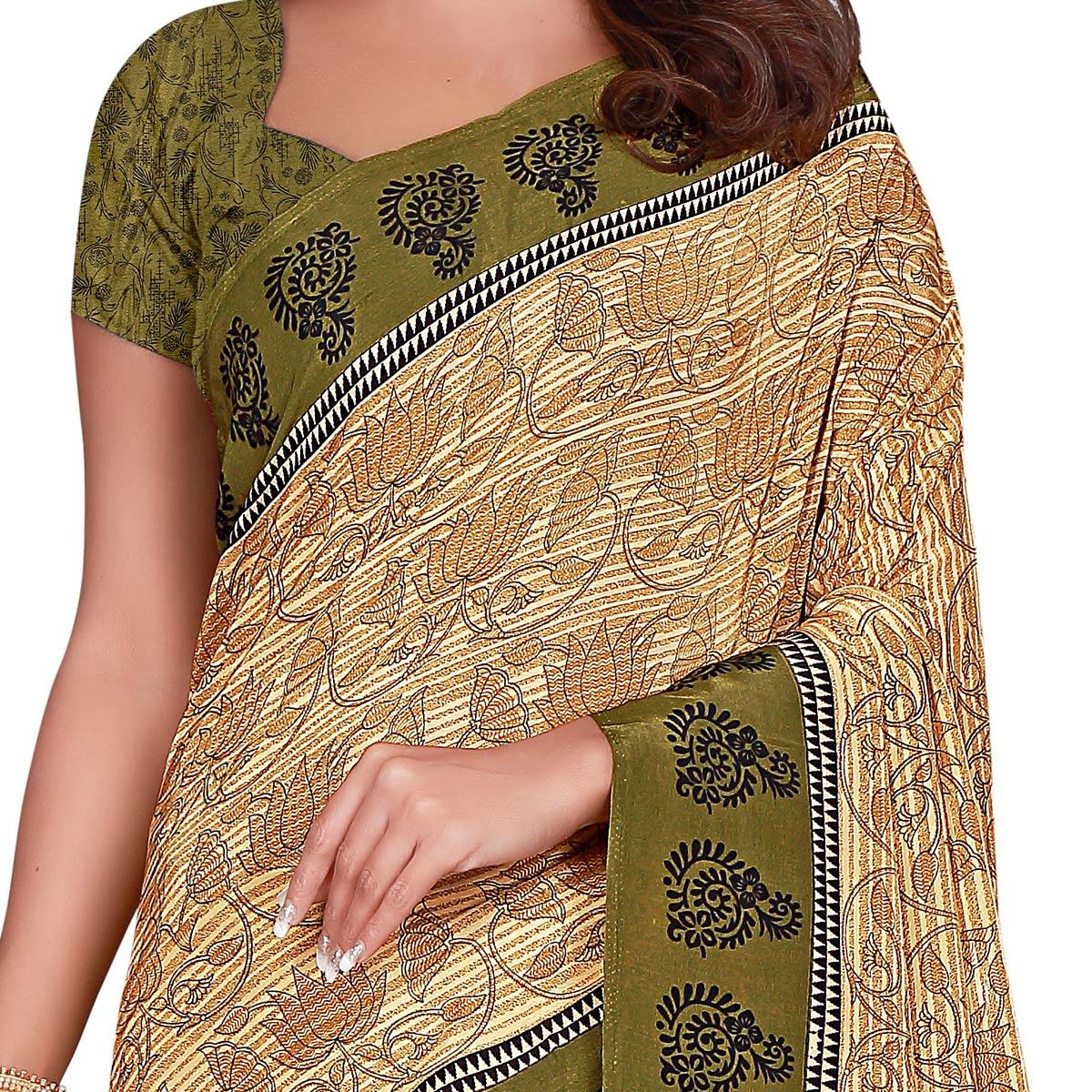Desirable Beige Colored Casual Wear Printed Crepe Saree - Peachmode