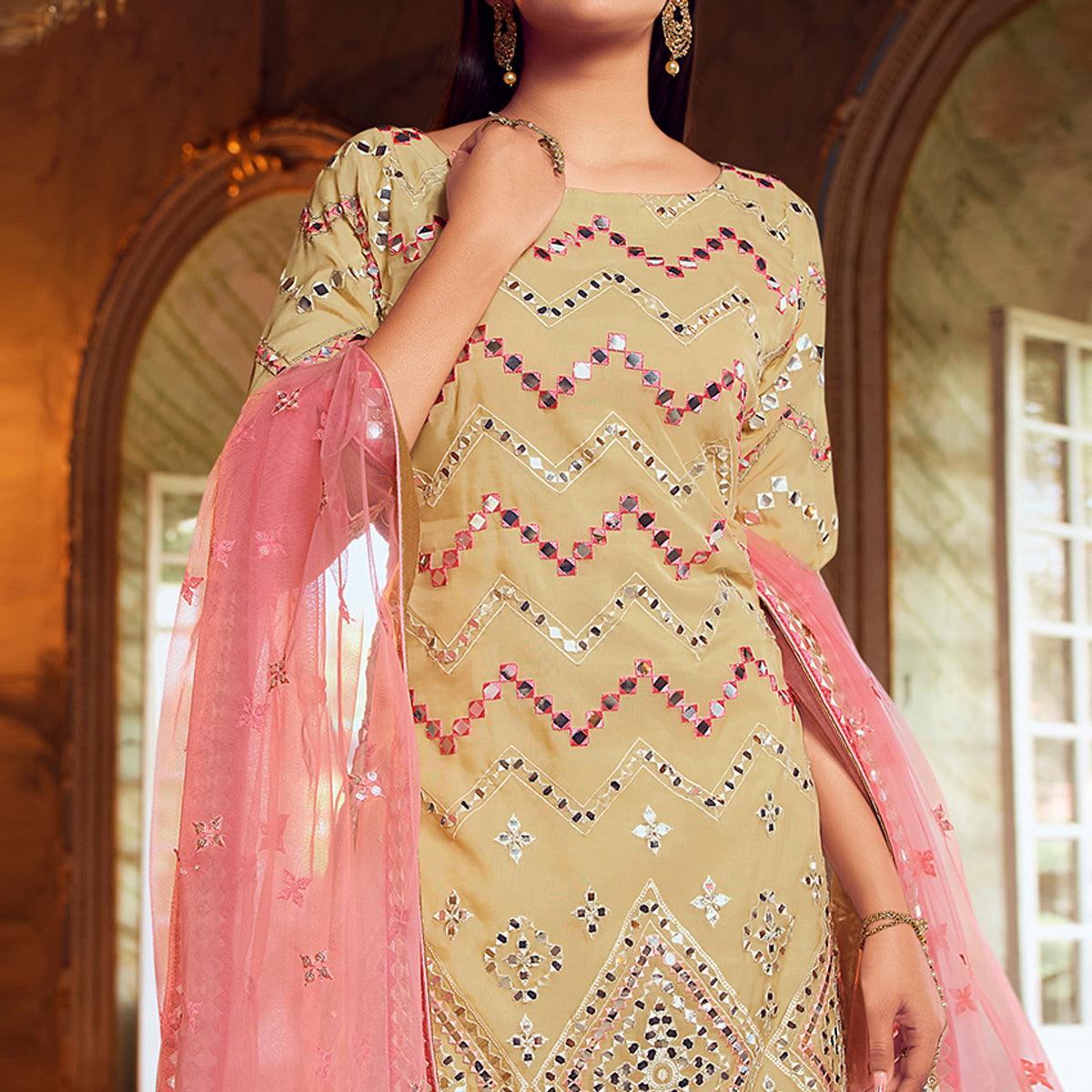 Desirable Beige Coloured Partywear Thread Foil Mirror Work Organza Pallazo Suit - Peachmode