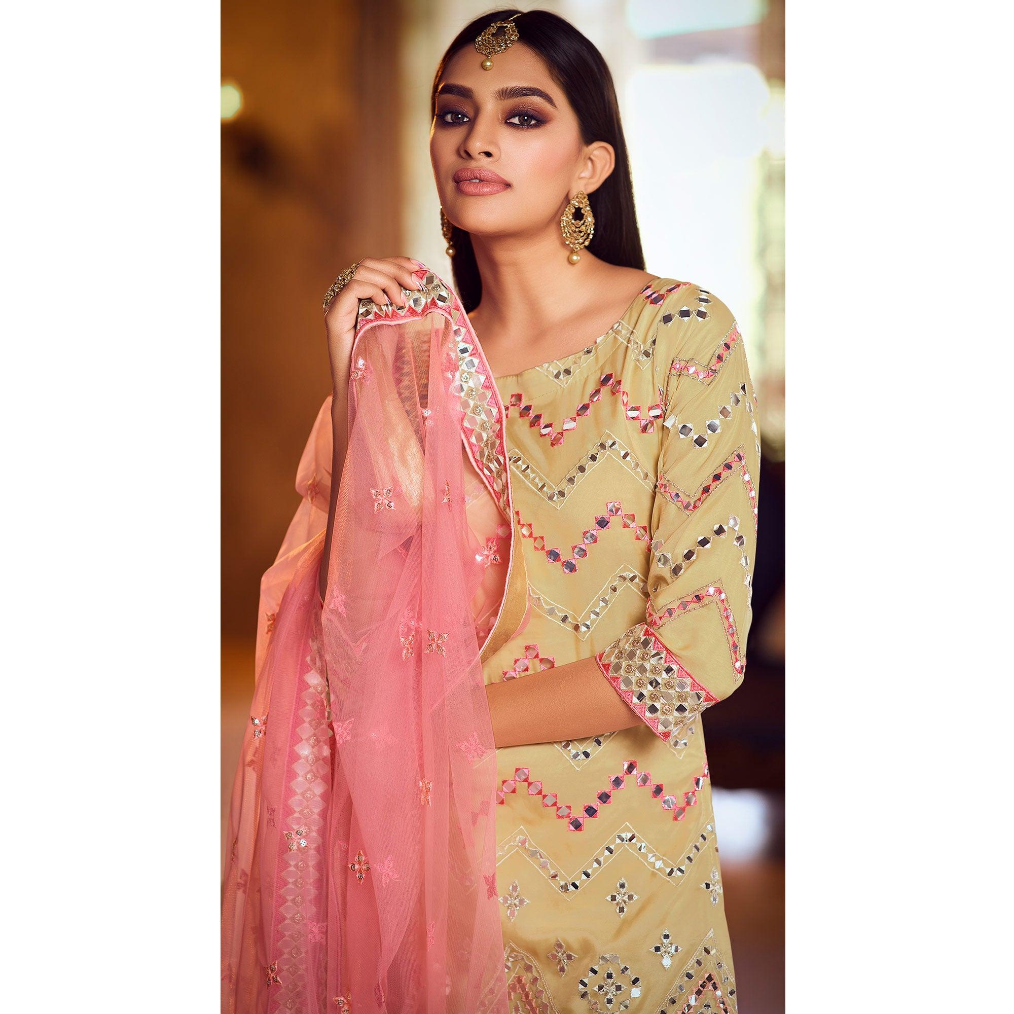 Desirable Beige Coloured Partywear Thread Foil Mirror Work Organza Pallazo Suit - Peachmode