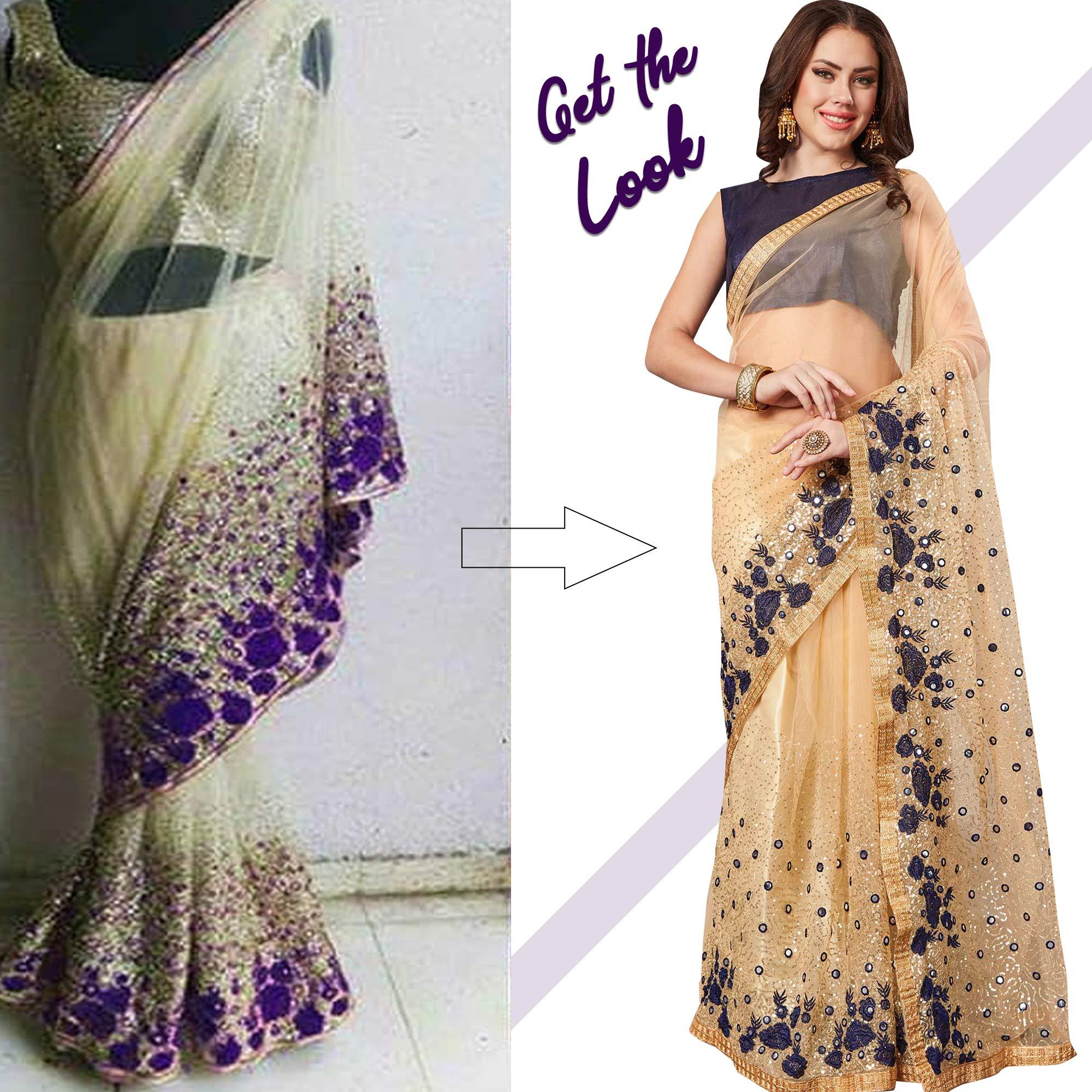 Desirable Beige Navy Blue Colored Partywear Embroidered Netted Saree - Peachmode
