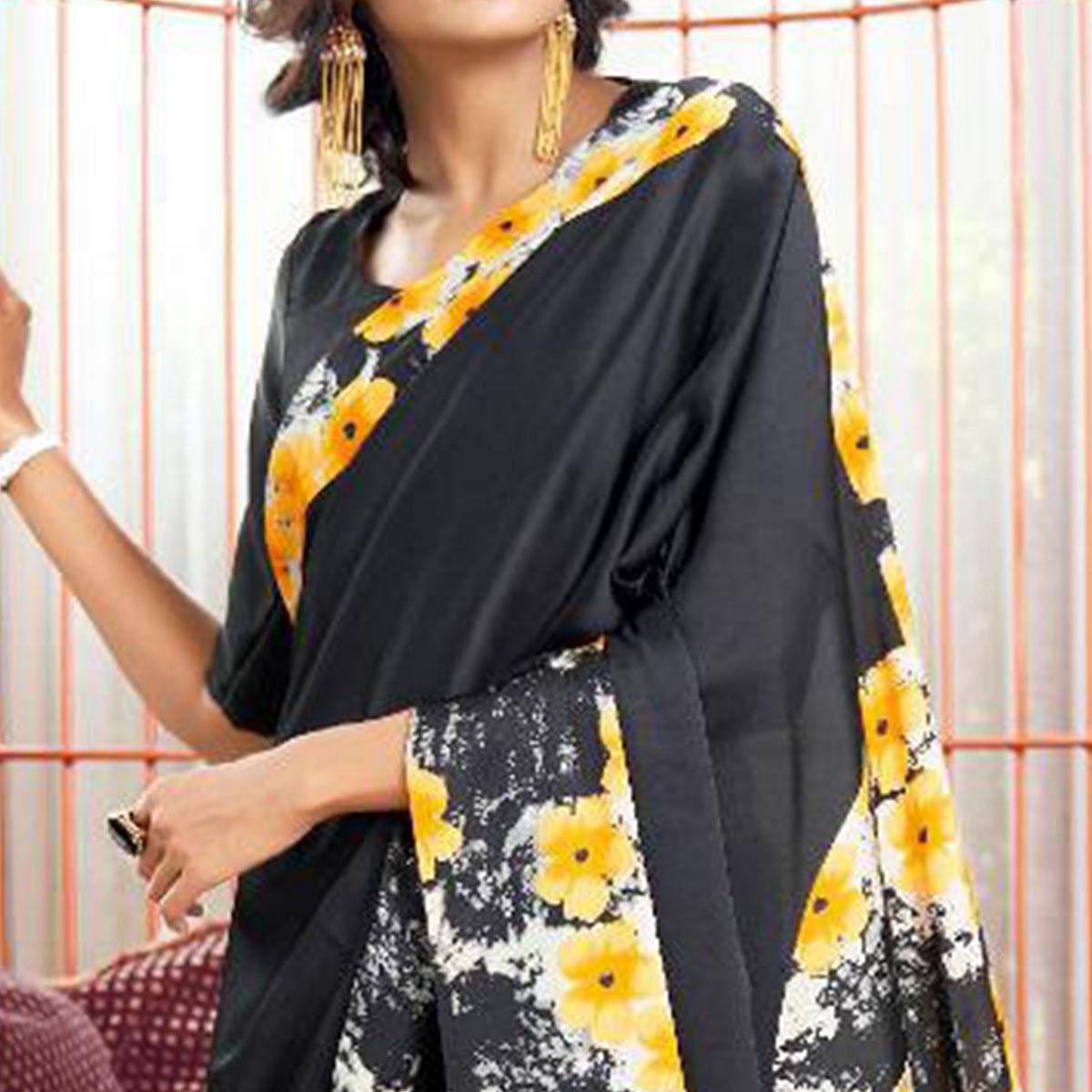 Desirable Black-Yellow Colored Partywear Fancy Printed Japan Satin-Crepe Saree - Peachmode