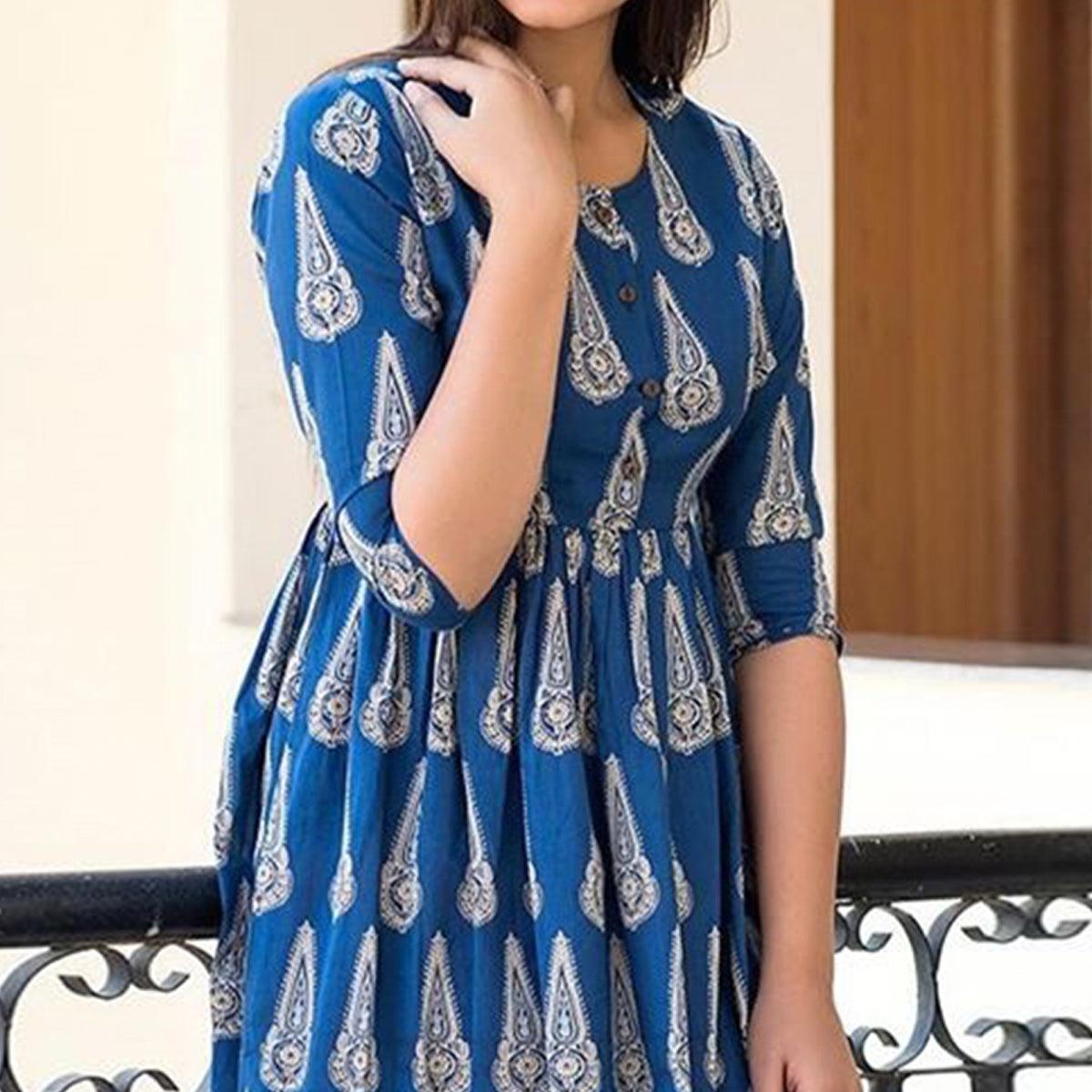 Desirable Blue Colored Casual Printed Muslin Blend Gown - Peachmode