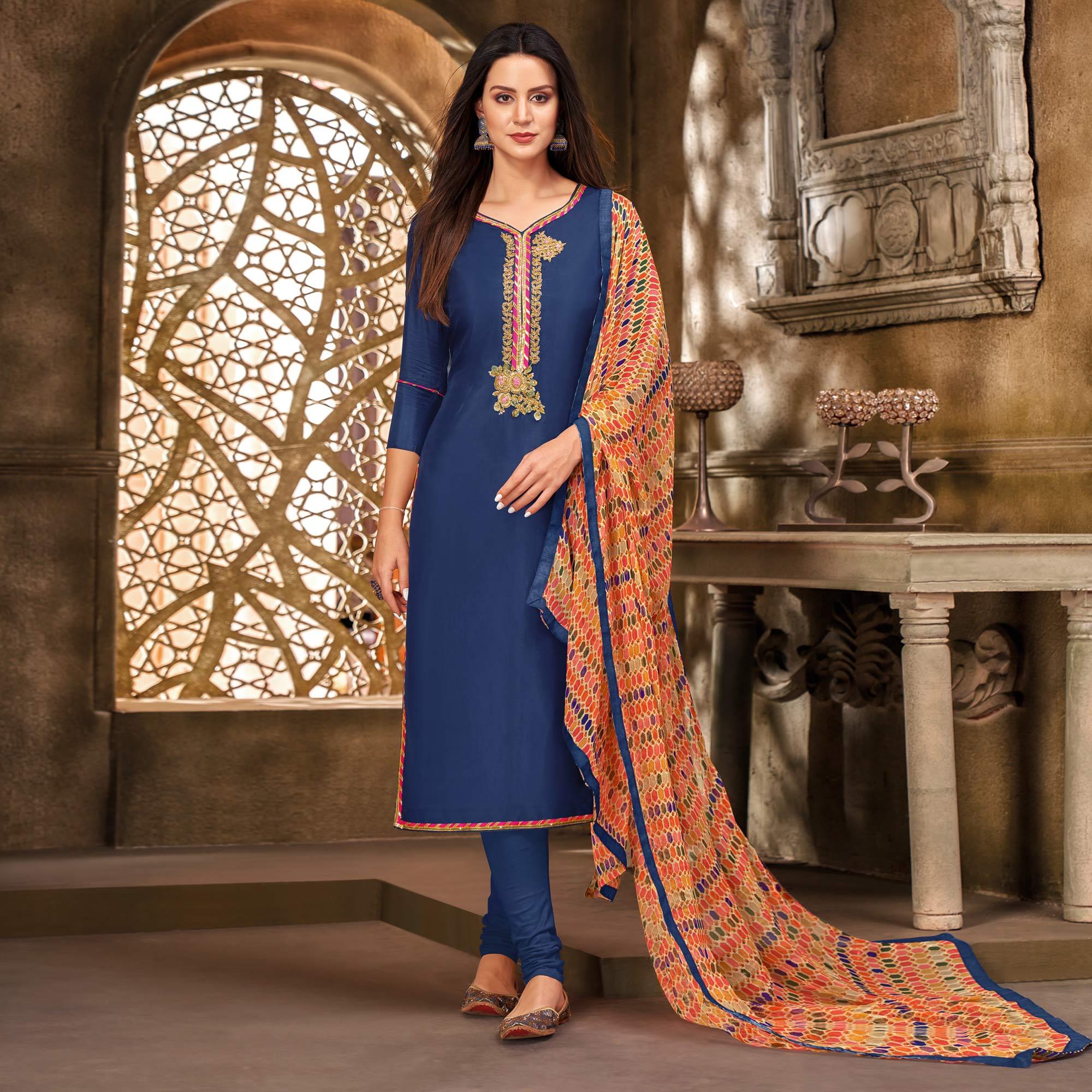 Desirable Blue Colored Casual Wear Embroidered Chanderi Dress Material - Peachmode