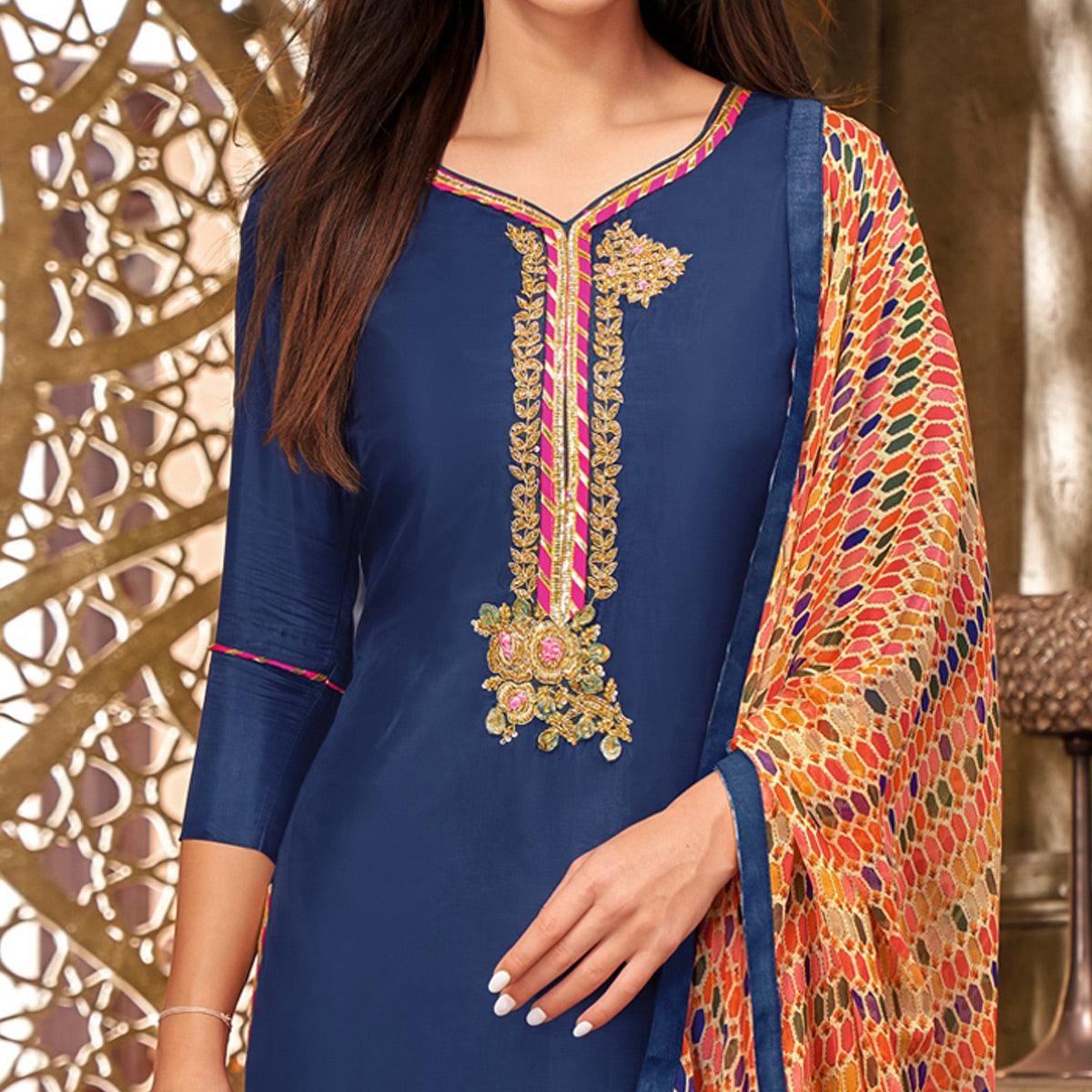 Desirable Blue Colored Casual Wear Embroidered Chanderi Dress Material - Peachmode