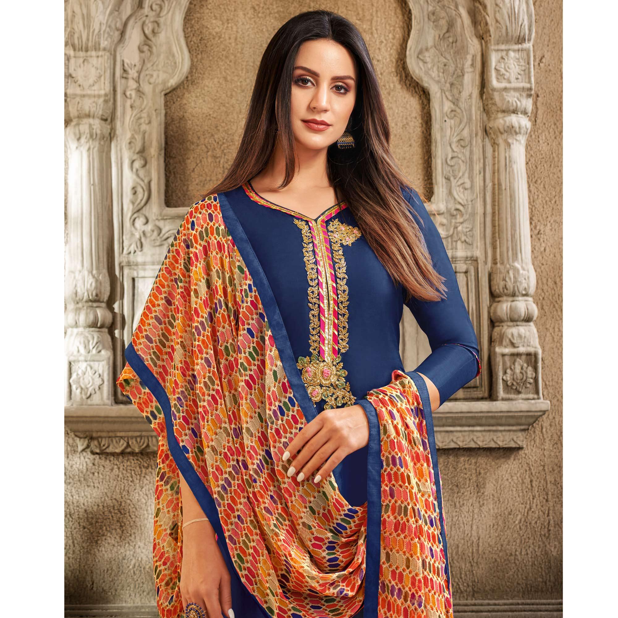 Desirable Blue Colored Casual Wear Embroidered Chanderi Dress Material - Peachmode