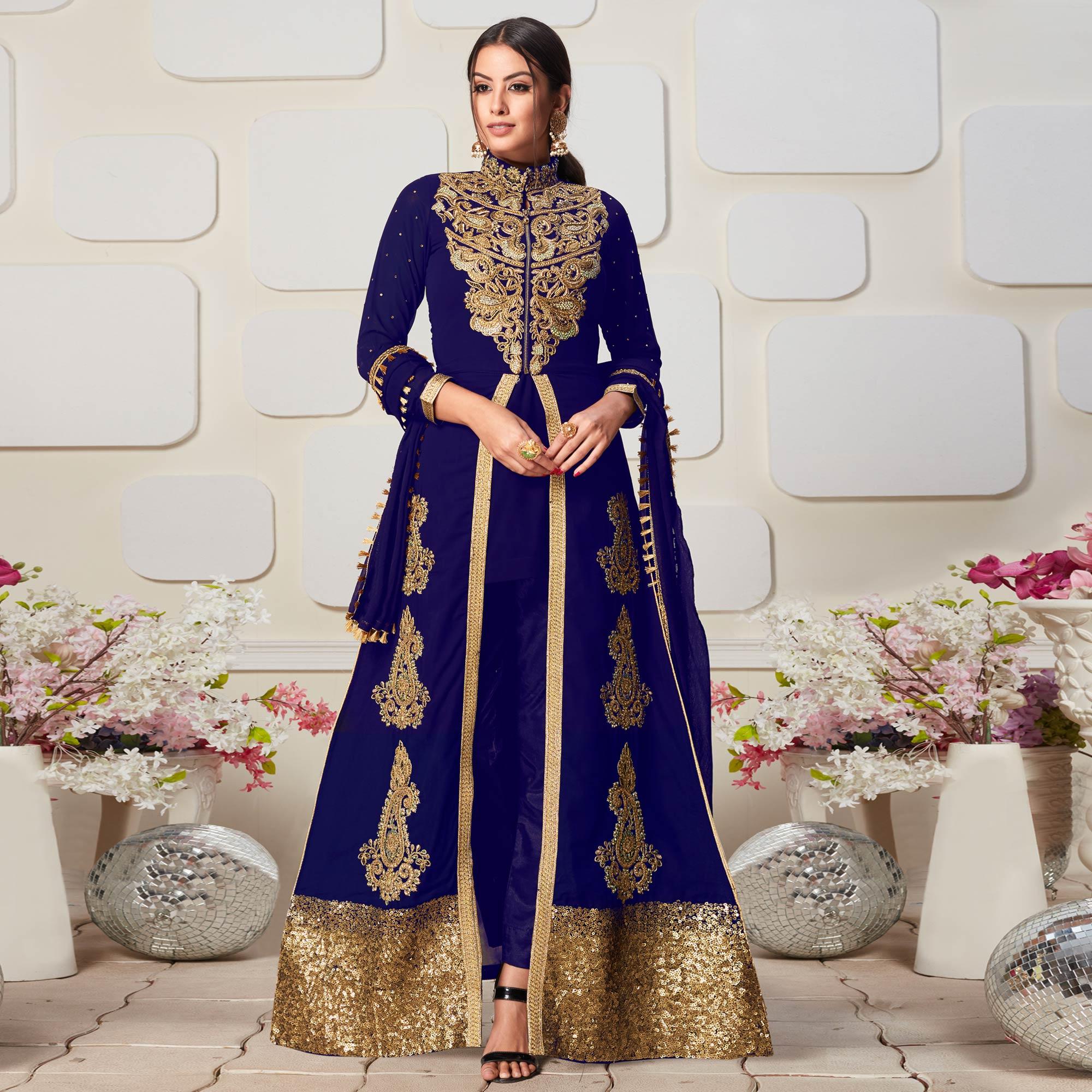 Desirable Blue Colored Party Wear Embroidered Georgette Pant Style Suit - Peachmode