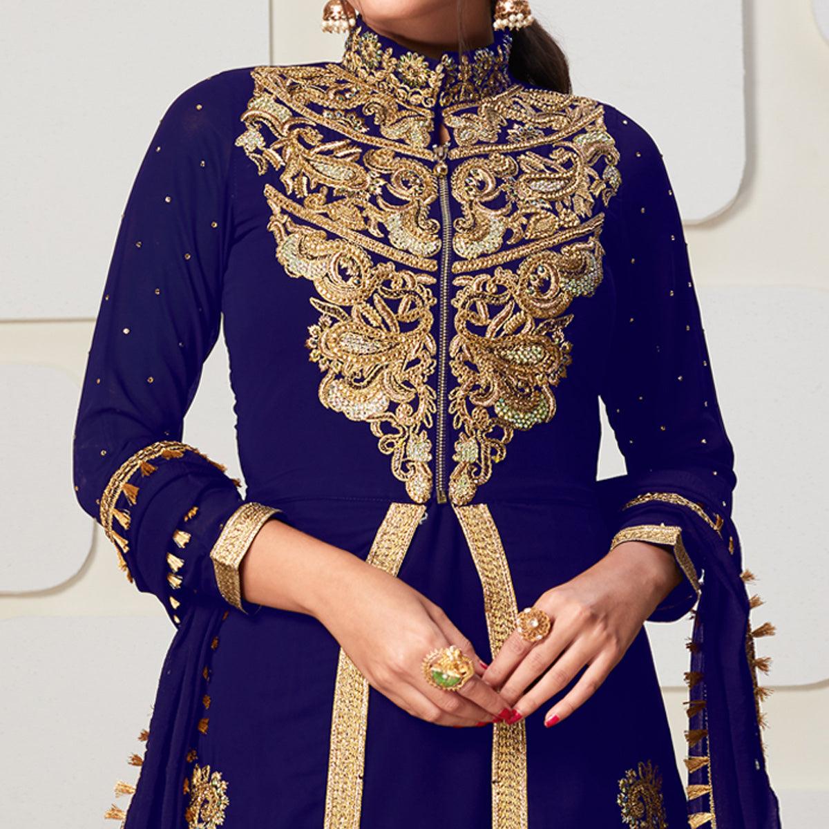 Desirable Blue Colored Party Wear Embroidered Georgette Pant Style Suit - Peachmode