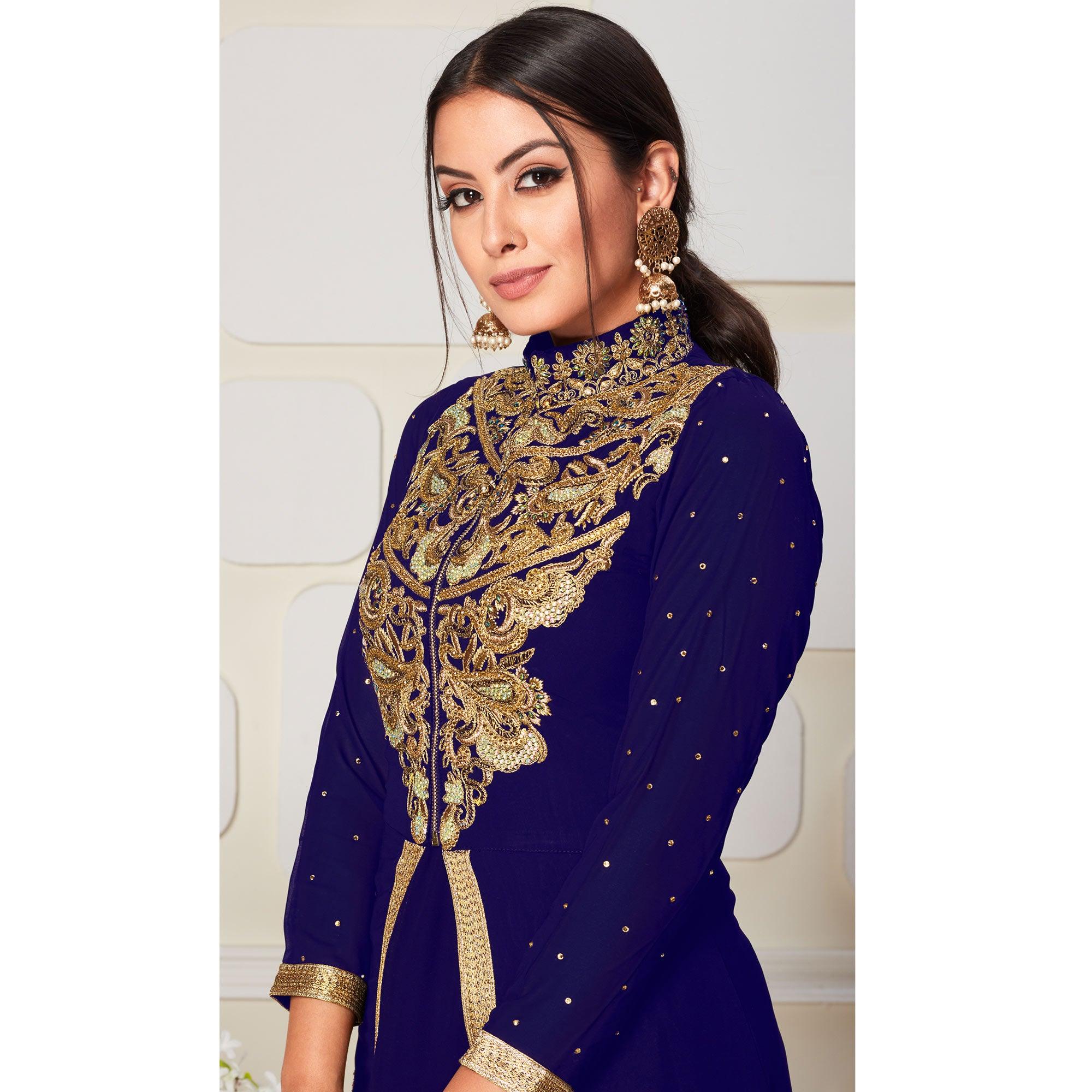 Desirable Blue Colored Party Wear Embroidered Georgette Pant Style Suit - Peachmode