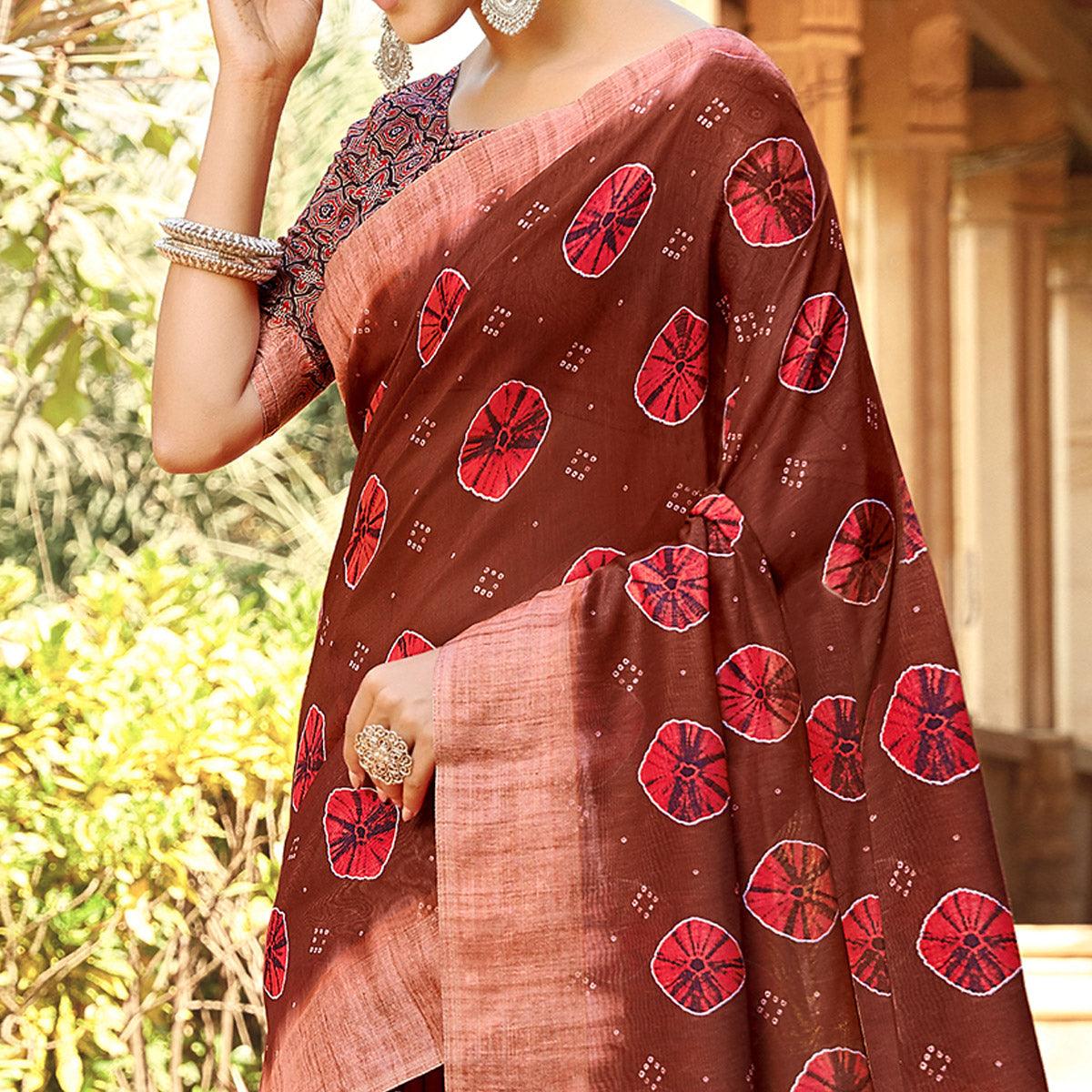 Desirable Brown Colored Digital Printed Festive Wear Linen Designer Saree - Peachmode