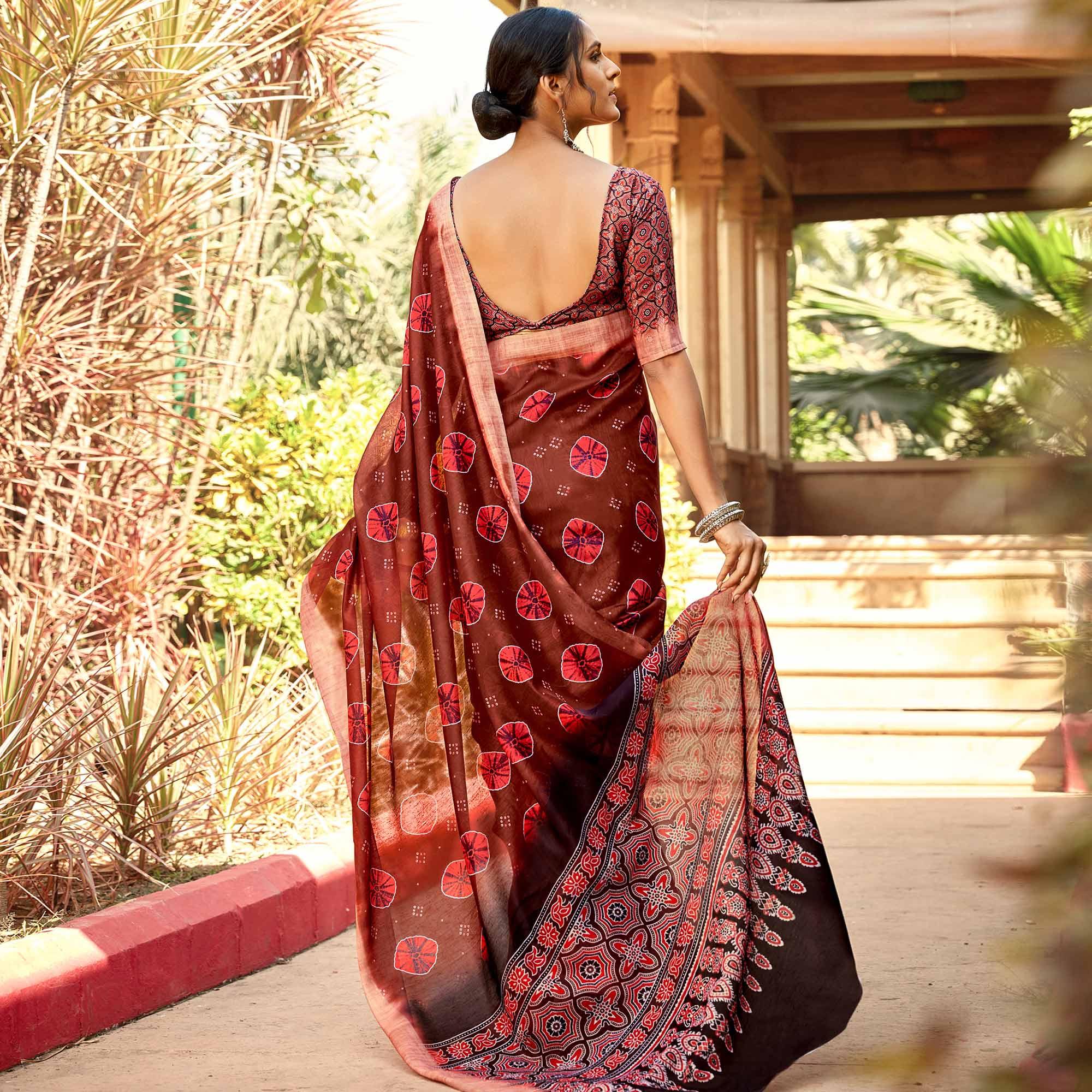 Desirable Brown Colored Digital Printed Festive Wear Linen Designer Saree - Peachmode