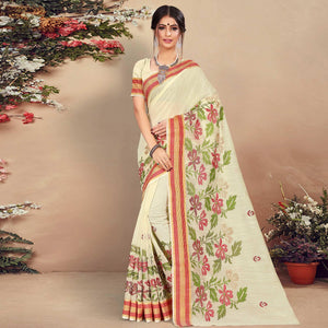 Desirable Cream Colored Casual Wear Floral Printed Cotton Saree - Peachmode
