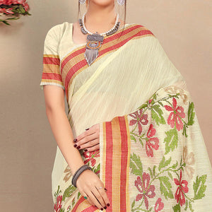 Desirable Cream Colored Casual Wear Floral Printed Cotton Saree - Peachmode