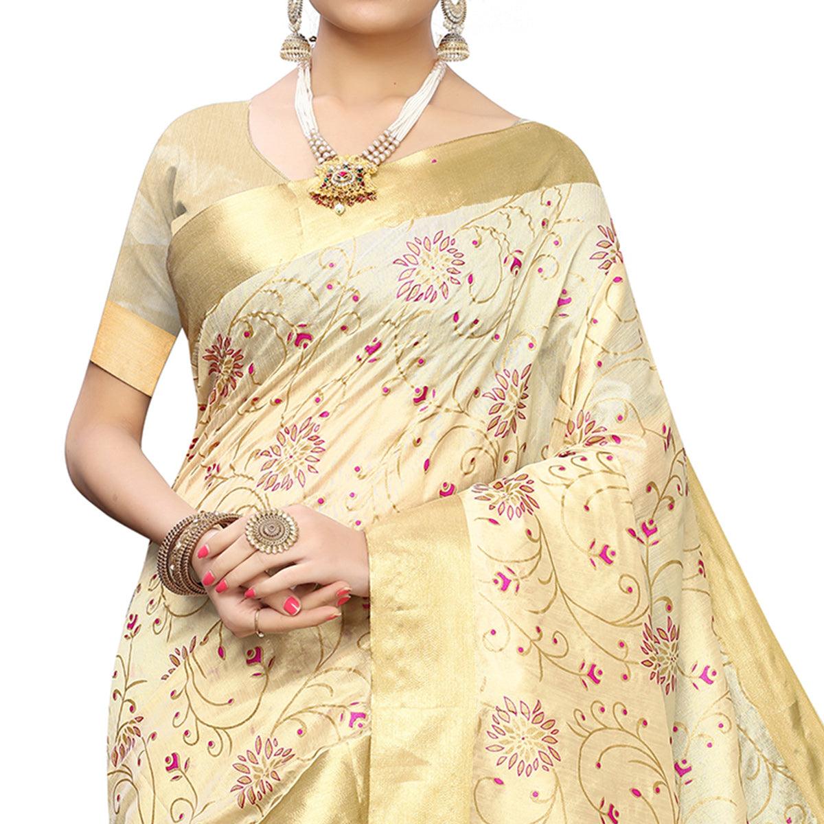 Desirable Cream Colored Festive Wear Woven Cotton Silk Saree - Peachmode