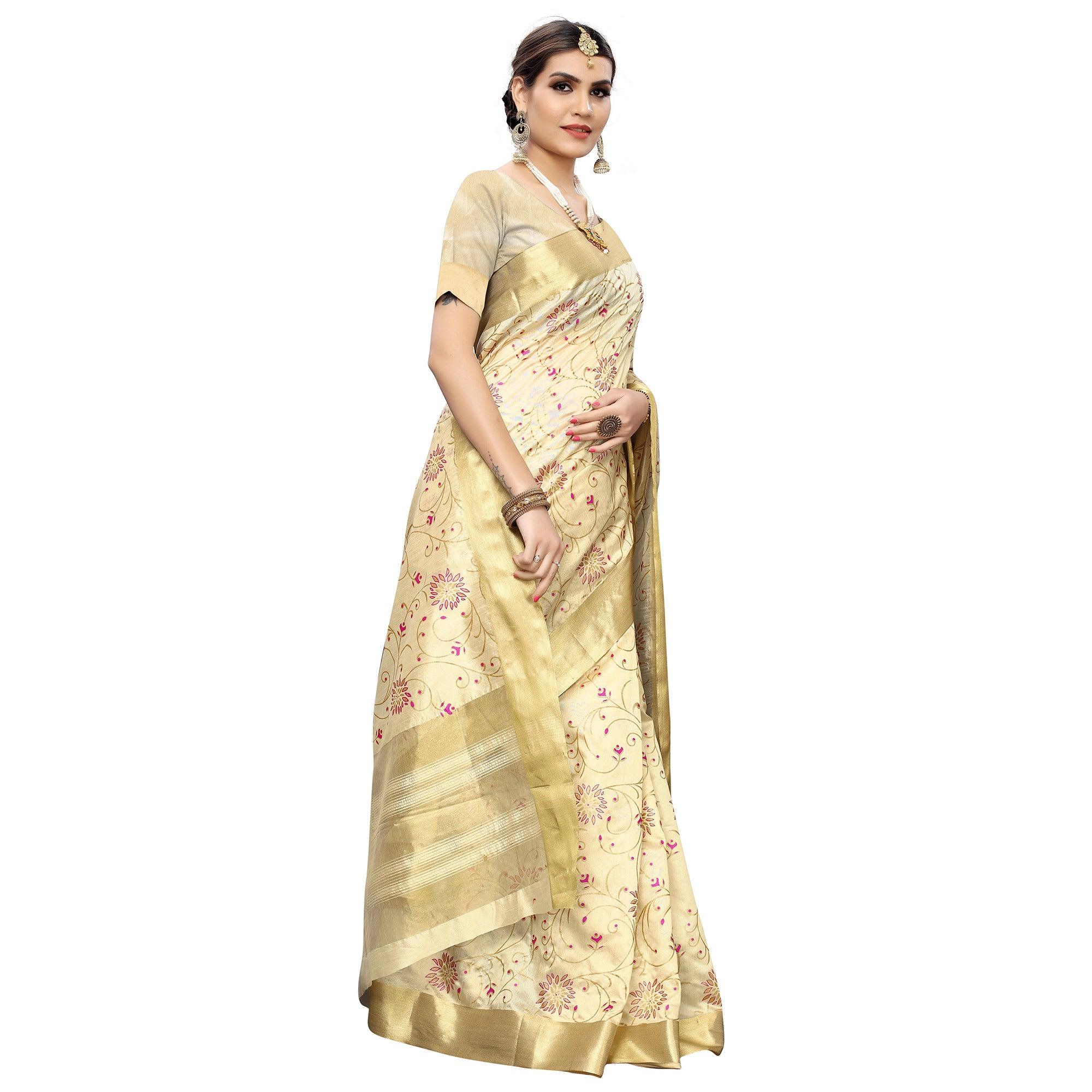 Desirable Cream Colored Festive Wear Woven Cotton Silk Saree - Peachmode