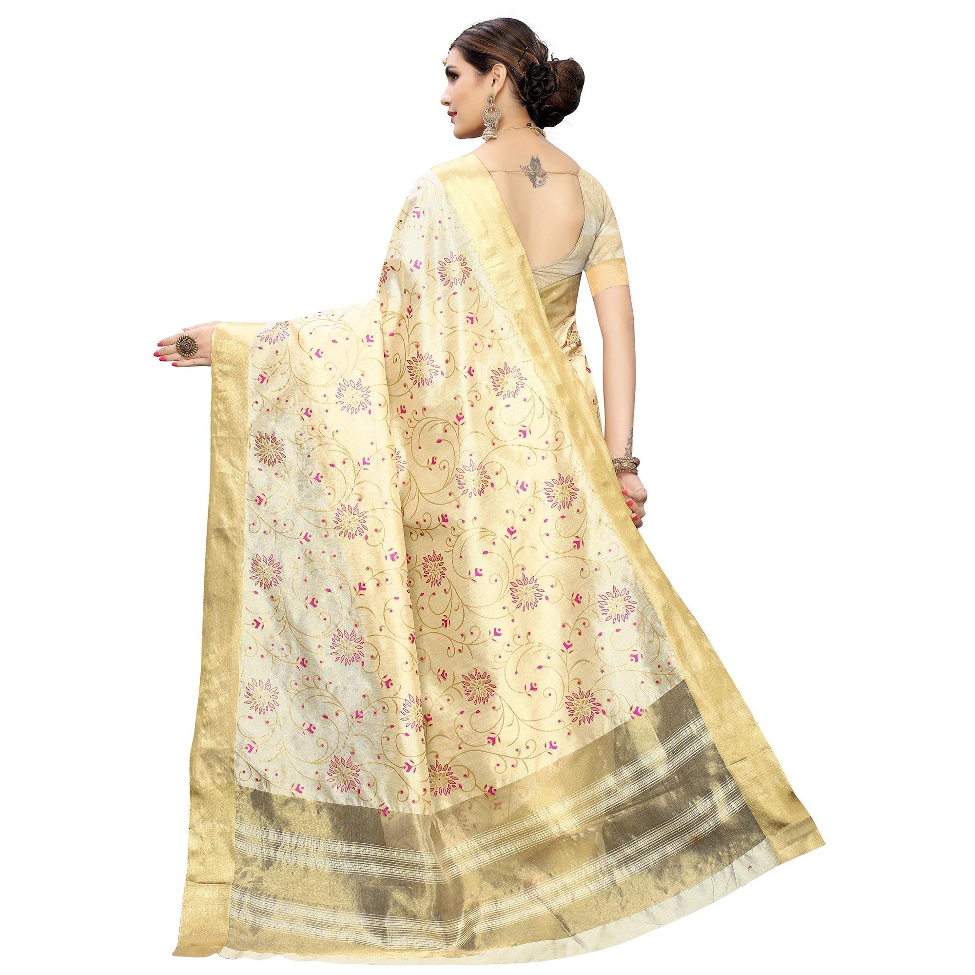 Desirable Cream Colored Festive Wear Woven Cotton Silk Saree - Peachmode